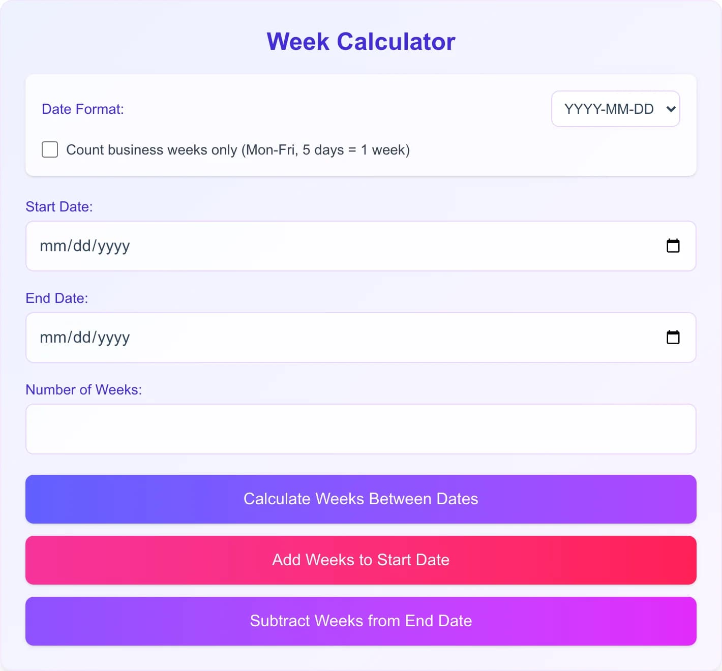 Free Online Week Calculator - Calculate weeks between dates, add weeks to dates, or subtract weeks from dates 