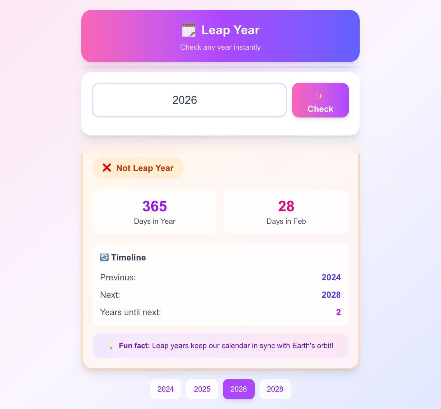 Leap Year Checker - Quickly determine if any year is a leap year with our instant leap year checker.