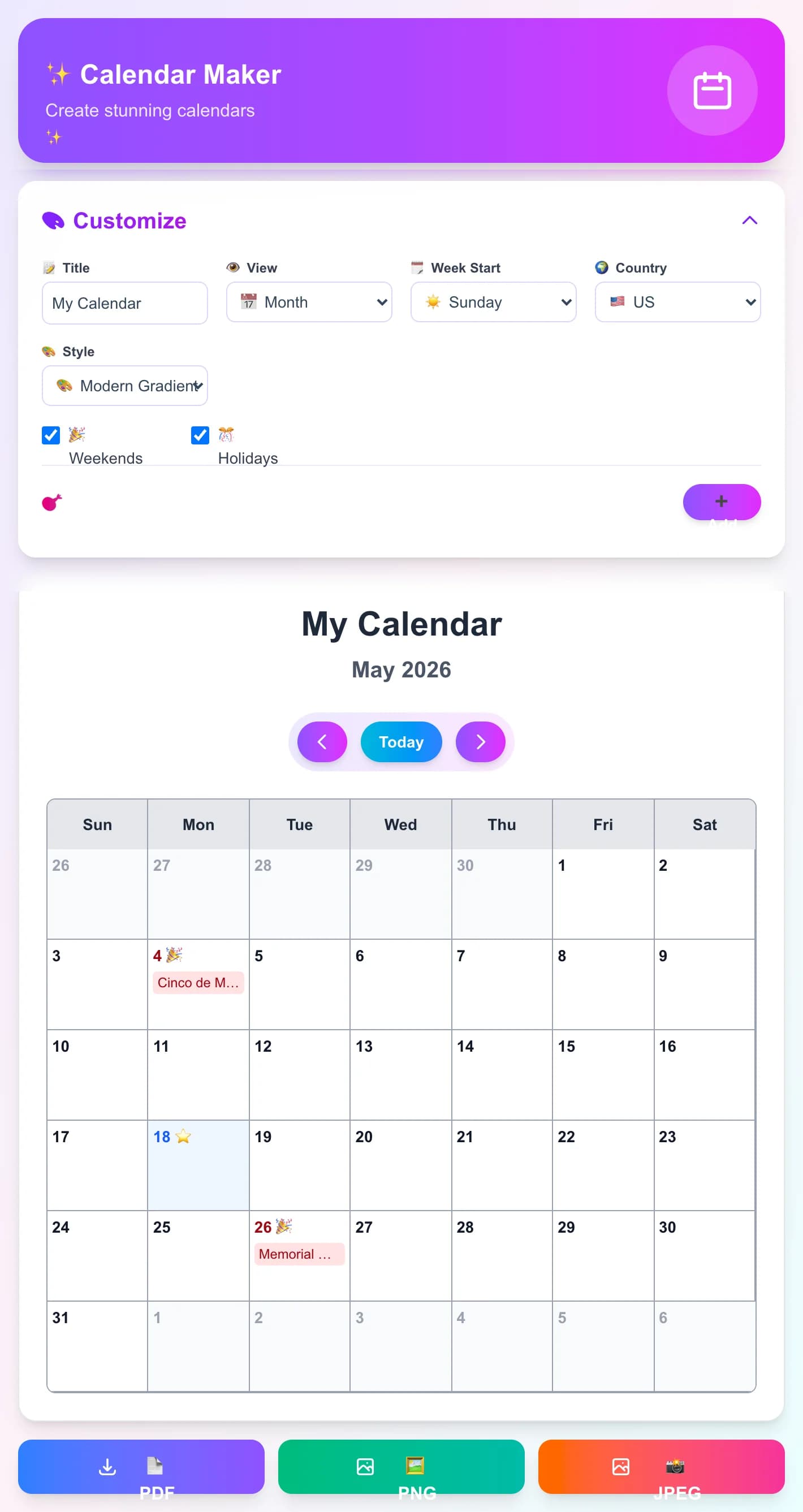 Printable Calendar Maker - Design and export stunning printable calendars with custom events, holidays, and