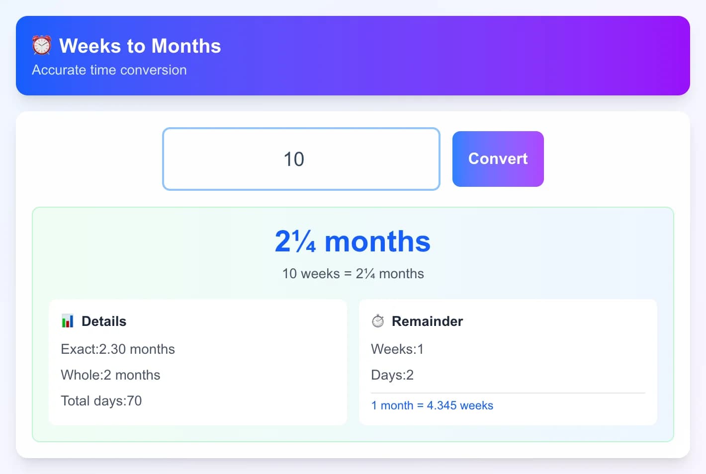 Free Weeks to Months Calculator - Convert weeks to months with precise calculations using our free online calculat