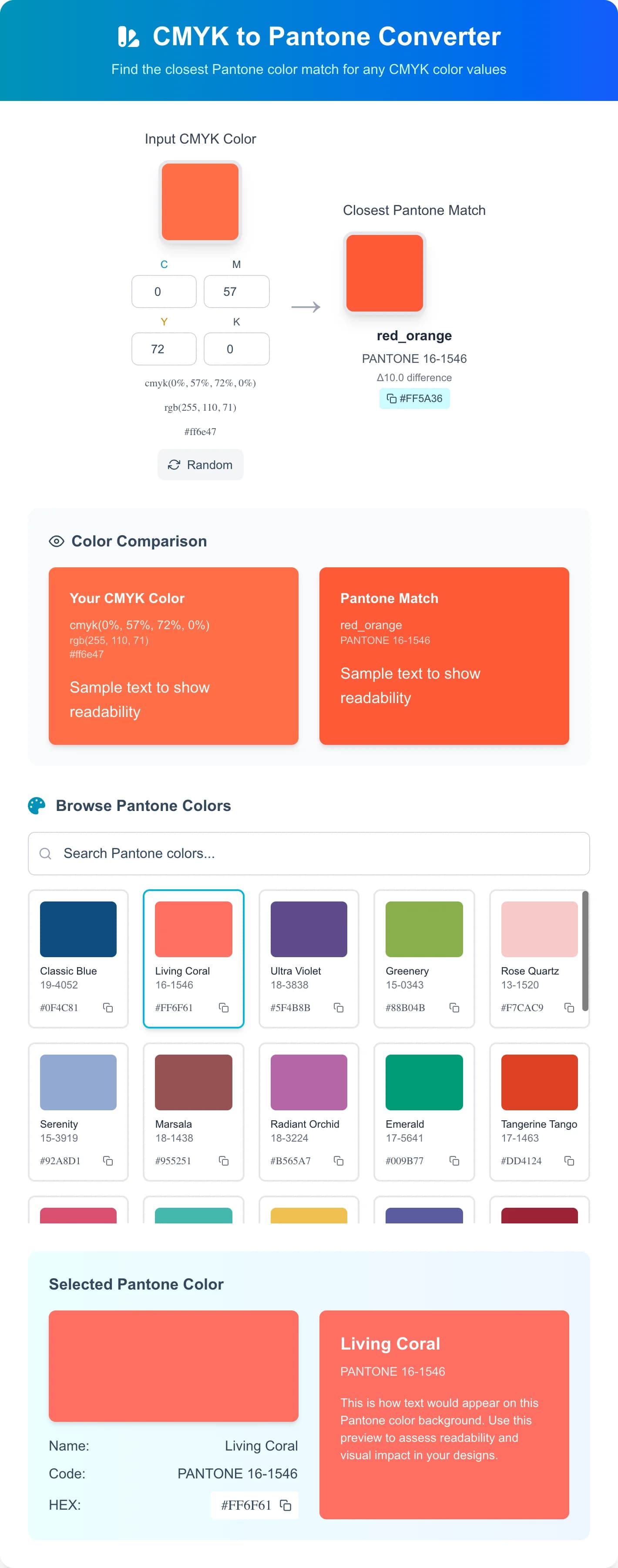 Free Online CMYK to Pantone Converter - Convert CMYK colors to their closest Pantone matches using advanced color scienc