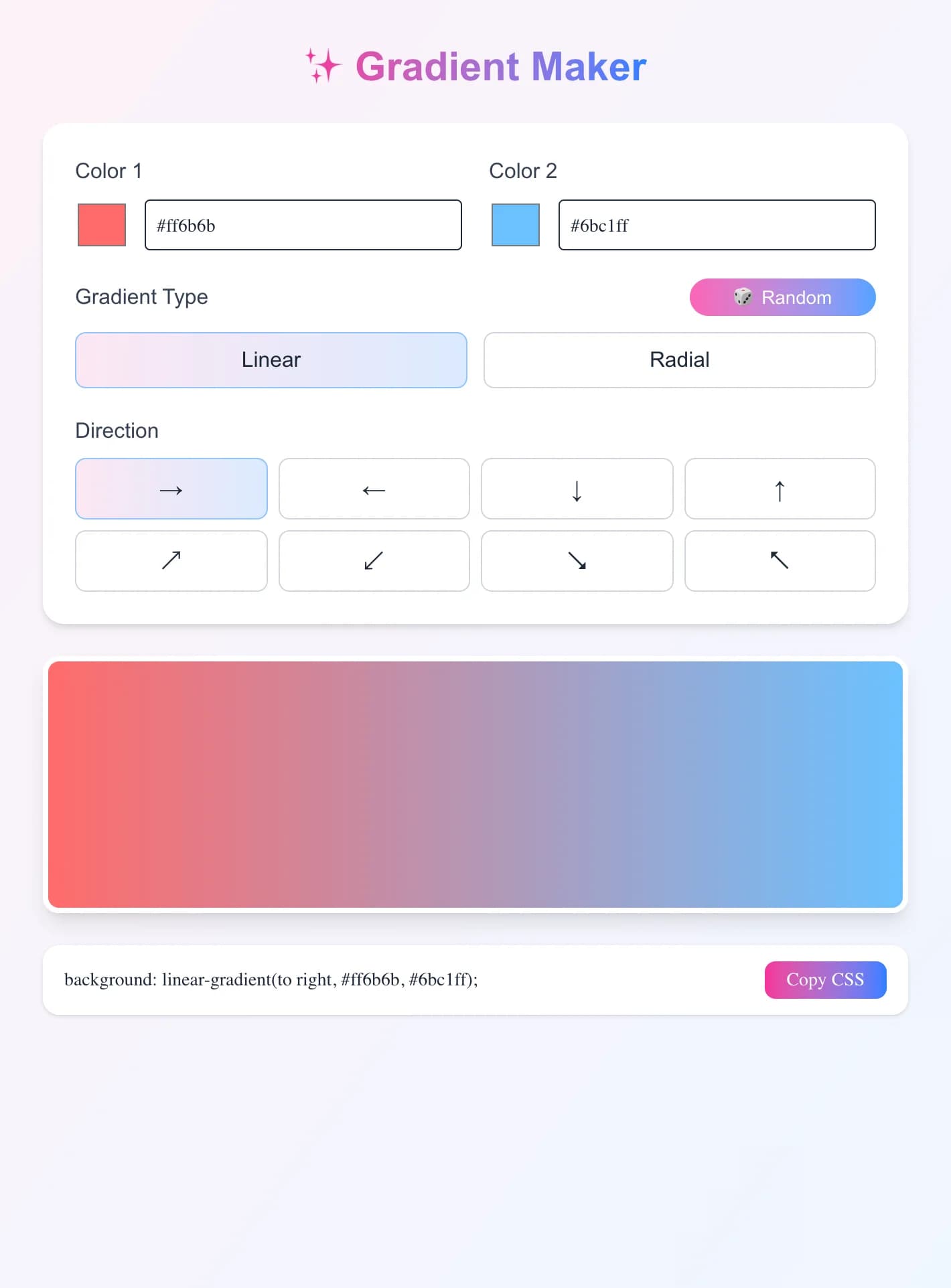 Free Online CSS Gradient Generator - Create stunning CSS linear and radial gradients with our easy-to-use gradient ma