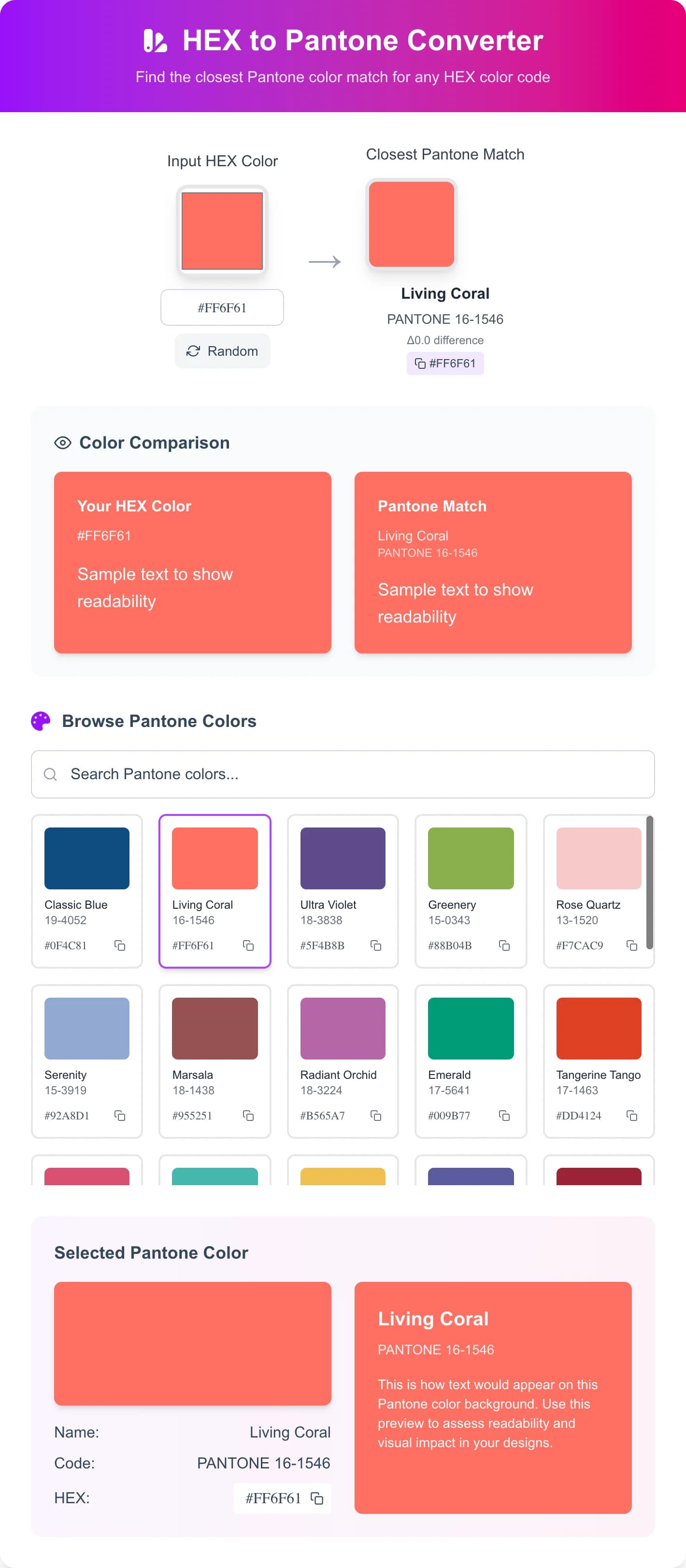 Free Hex to Pantone Color Converter - Convert hex colors to closest Pantone matches with our free online tool. Feature