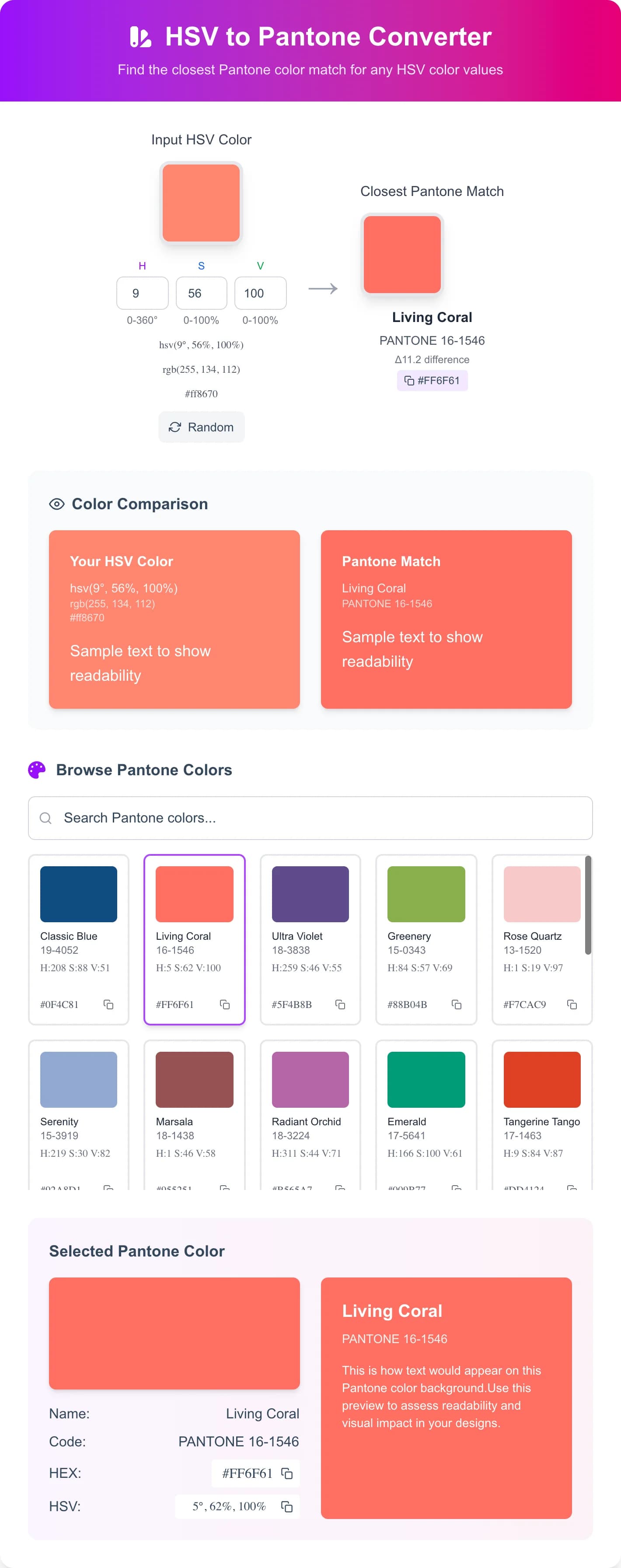 Free HSV to Pantone Color Converter - Convert HSV (Hue, Saturation, Value) colors to their closest Pantone color match