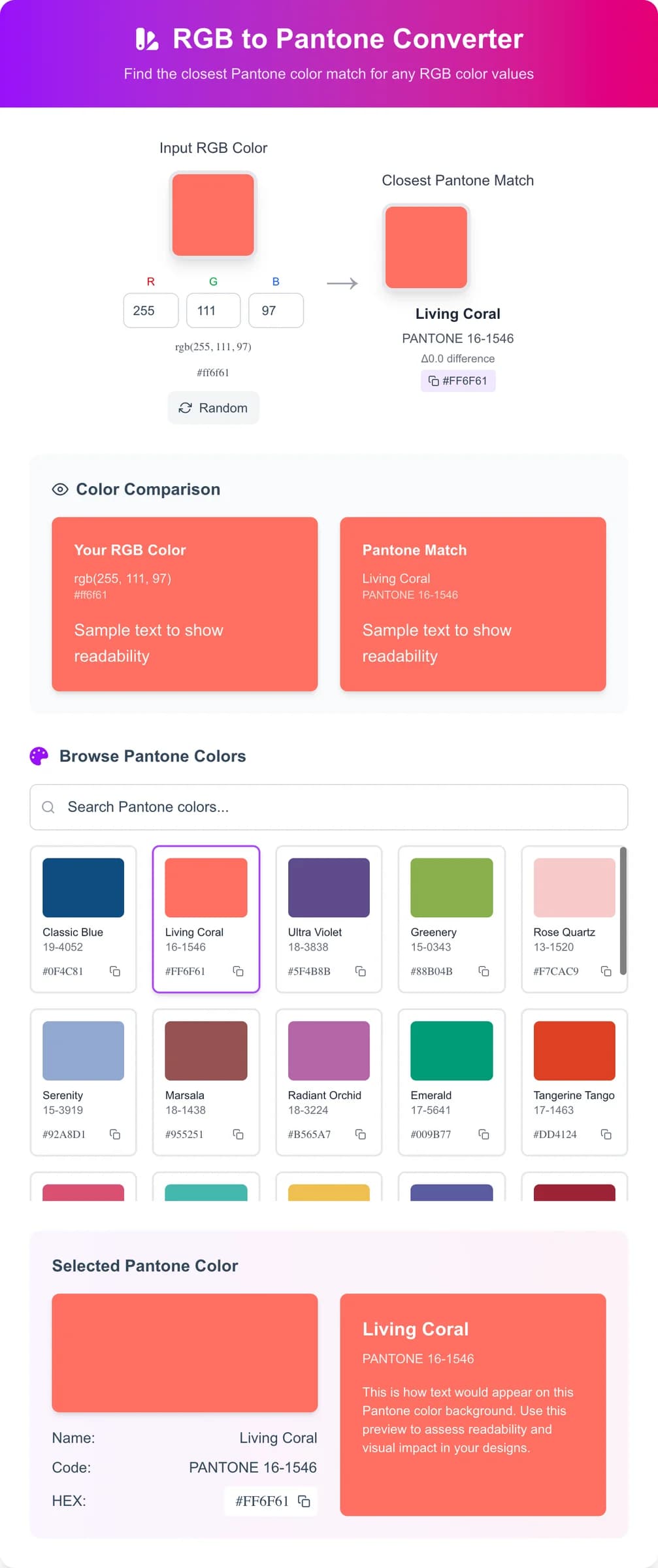 Free RGB to Pantone Color Converter - Convert RGB colors to their closest Pantone color matches with our advanced colo