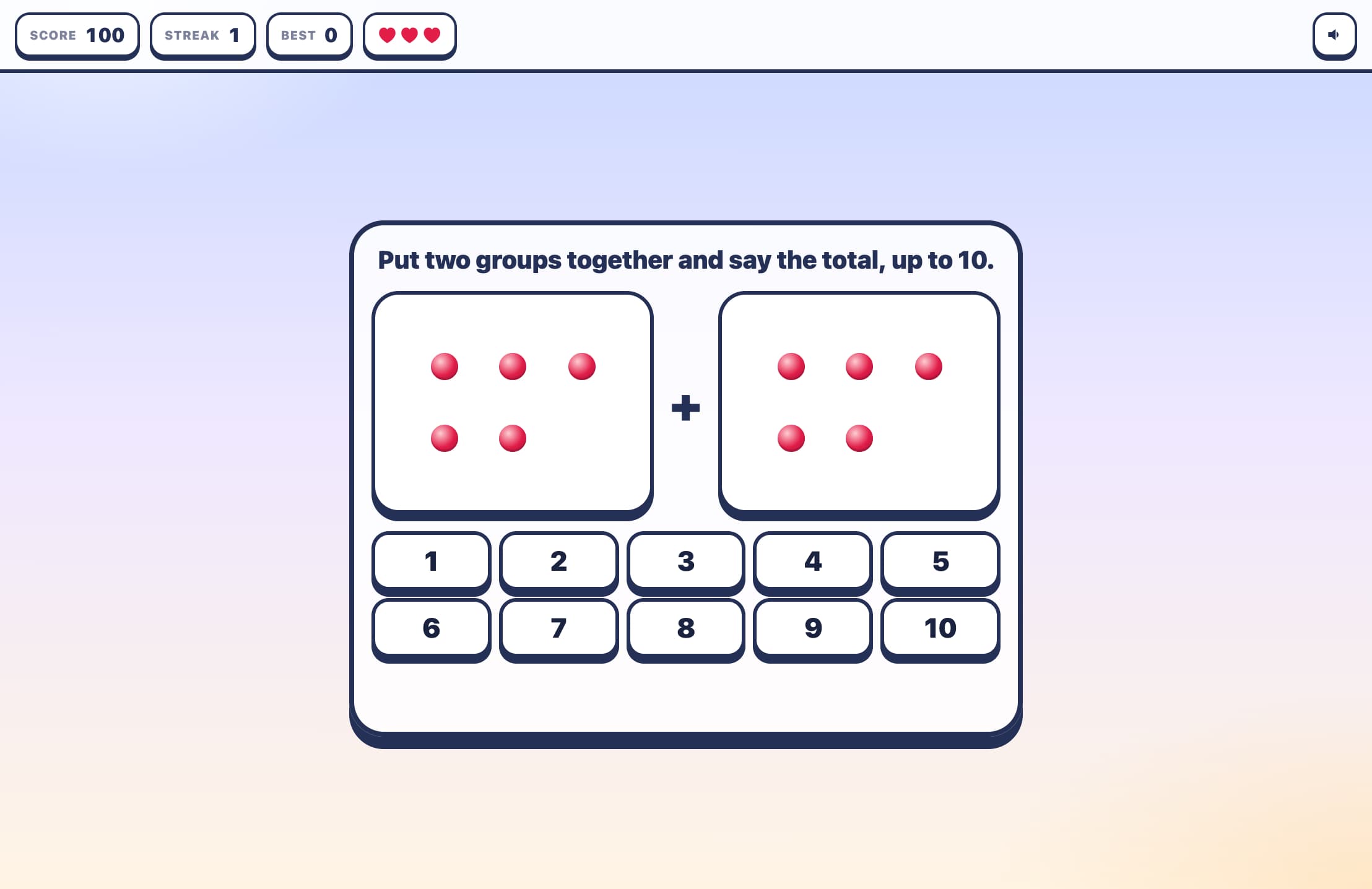 Put two groups together and say the total, up to 10