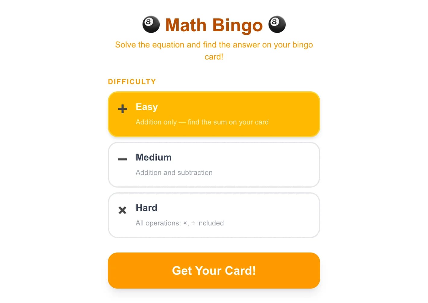 Math Bingo - A classic bingo card filled with numbers 1–24 — but instead of hearing a number 