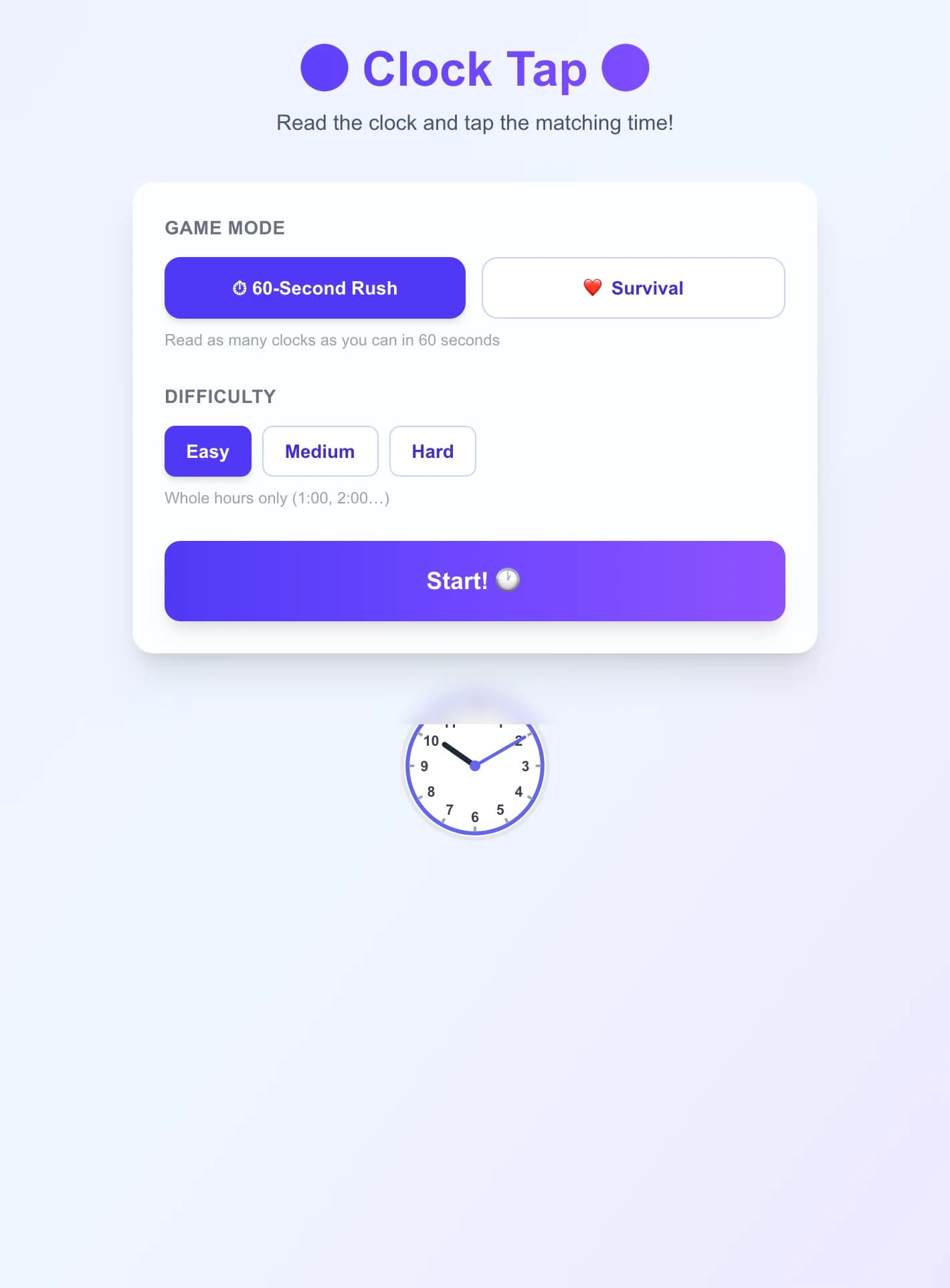 Toca el Rellotge - Un rellotge mostra una hora: tria l'hora digital corresponent entre quatre opcio