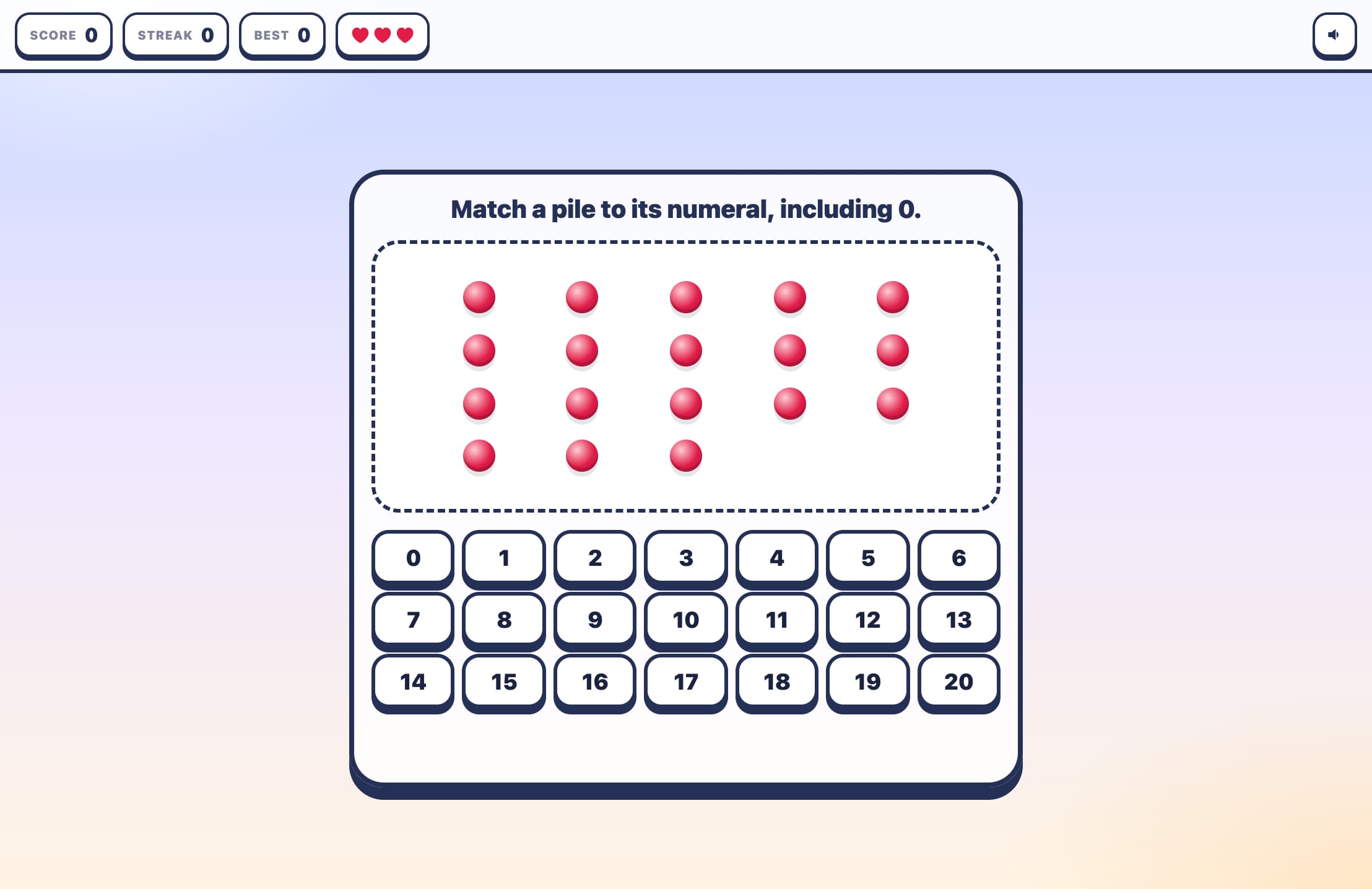 Match a pile to its numeral, including 0