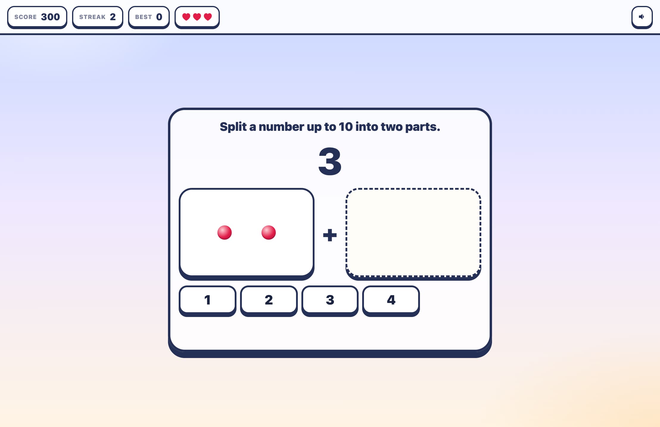 Split a number up to 10 into two parts