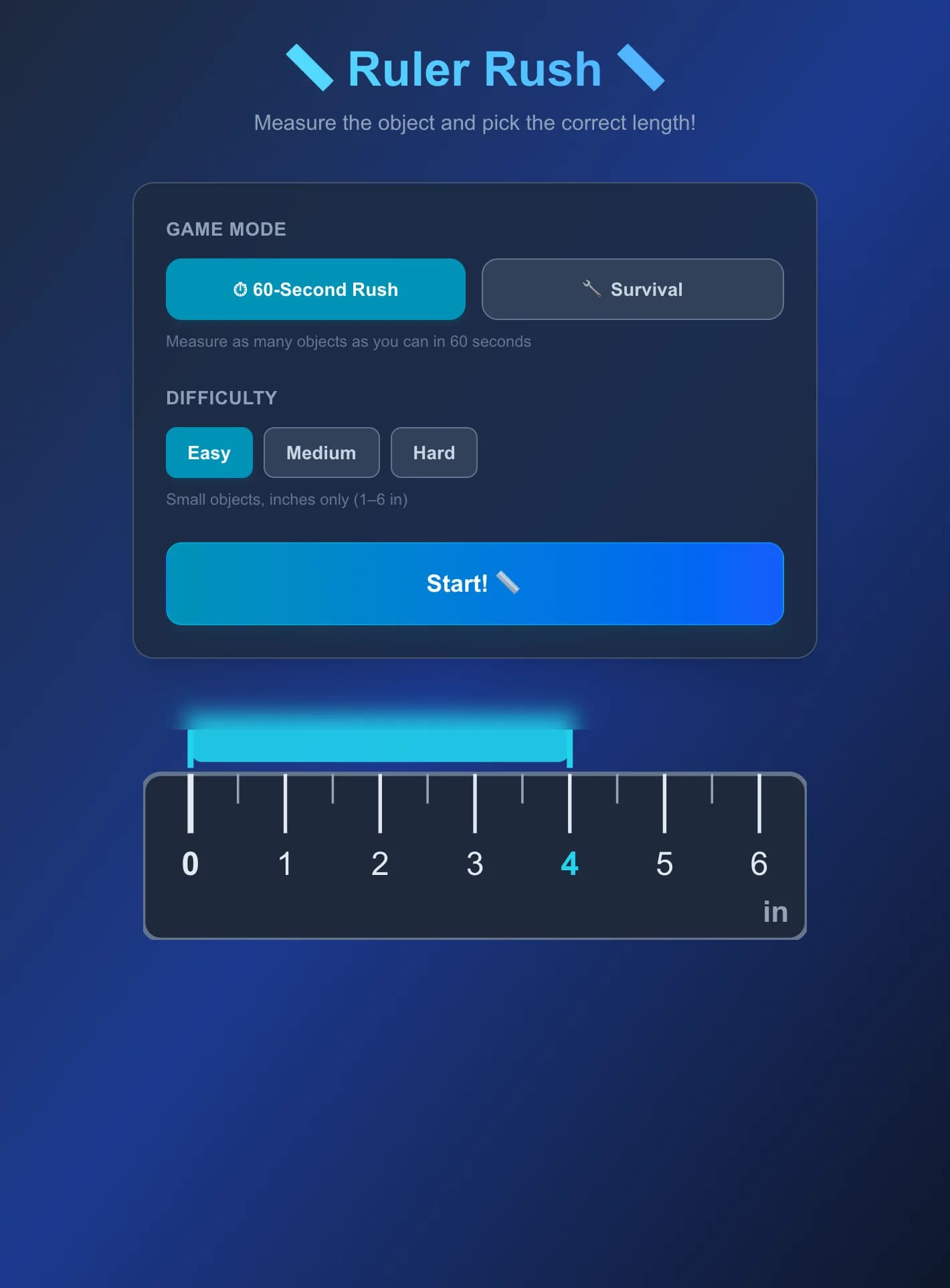 Ruler Rush - An illustrated object sits against an on-screen ruler — pick the correct length 