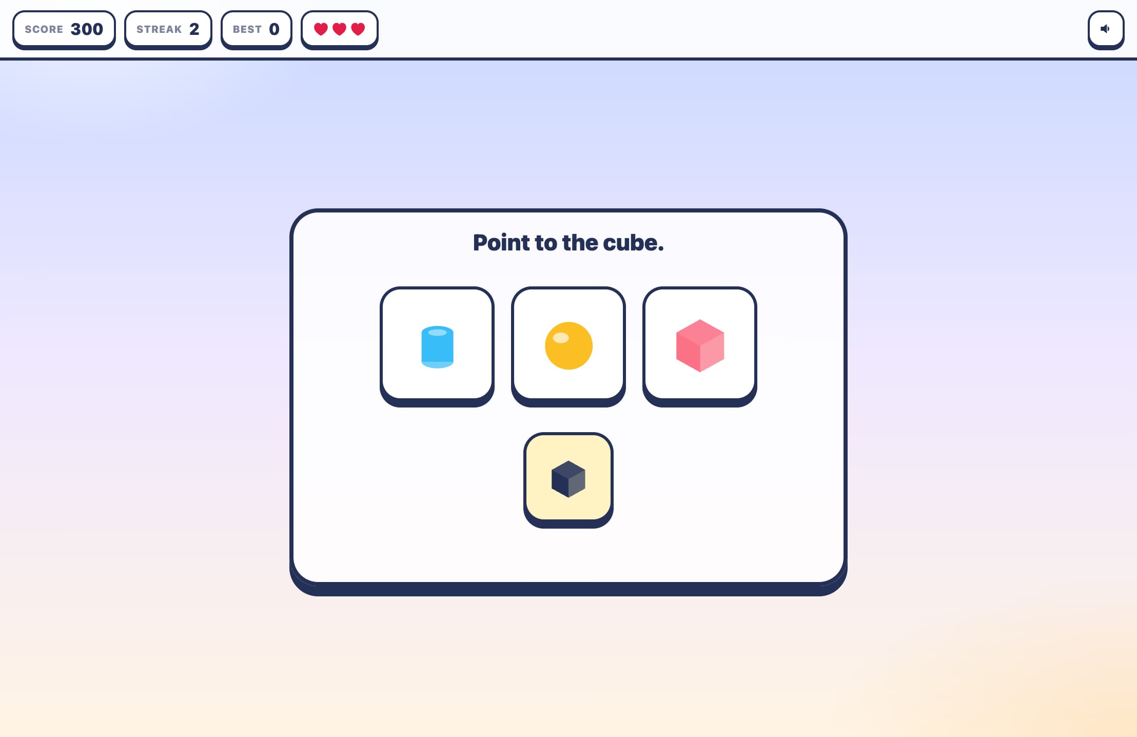 Point to the cube, ball, or can