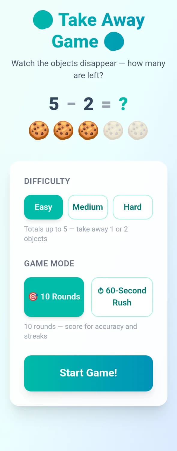 Take Away Game - Watch objects disappear with animation and figure out how many are left! 5 cooki