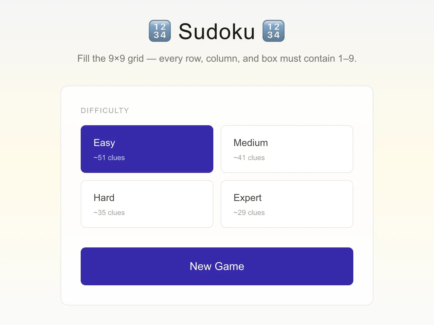 🔢 Sudoku 🔢 - Klassisches 9×9 Sudoku mit vier Schwierigkeitsgraden — Leicht, Mittel, Schwer un