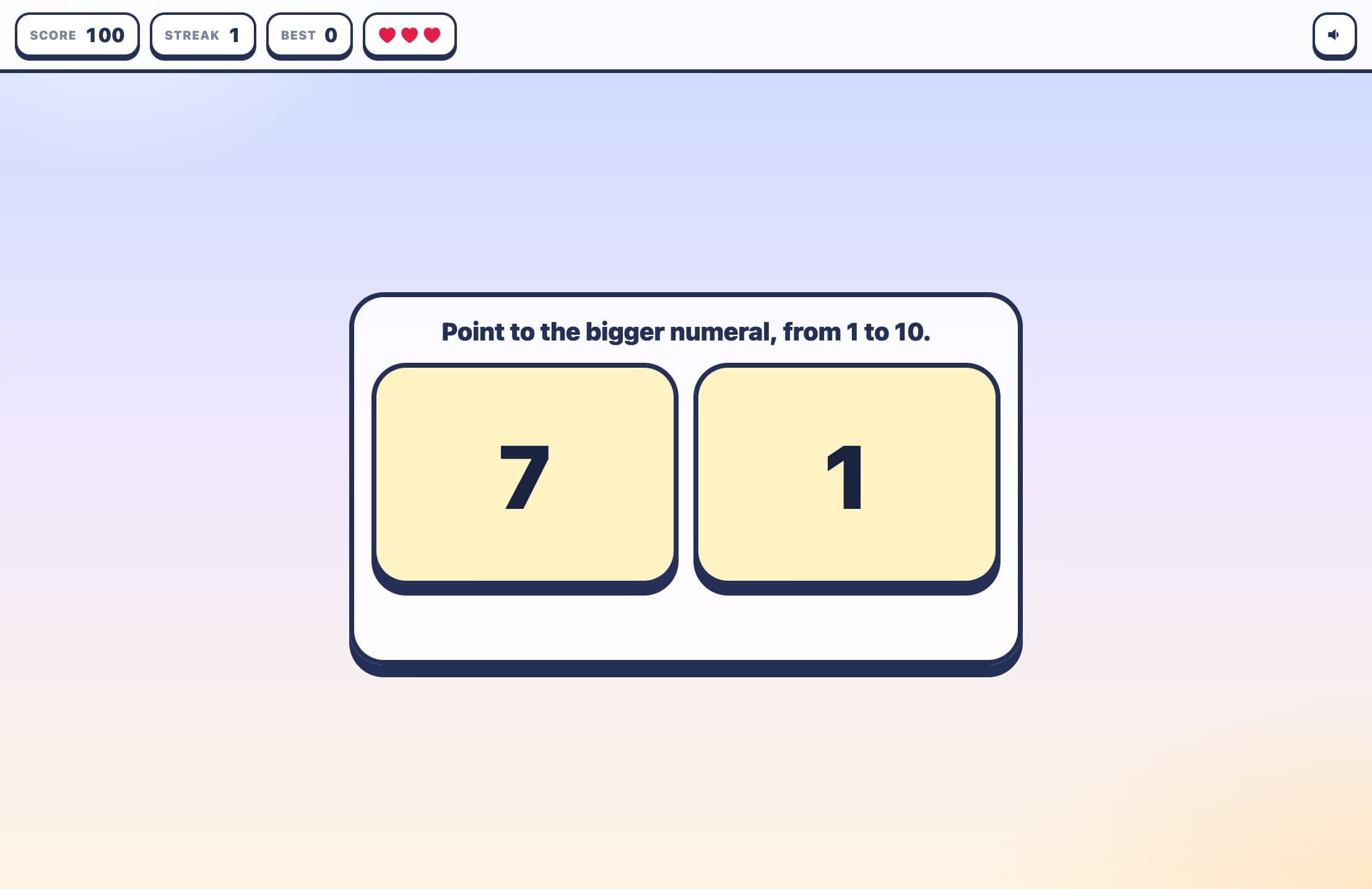 Point to the bigger numeral, from 1 to 10