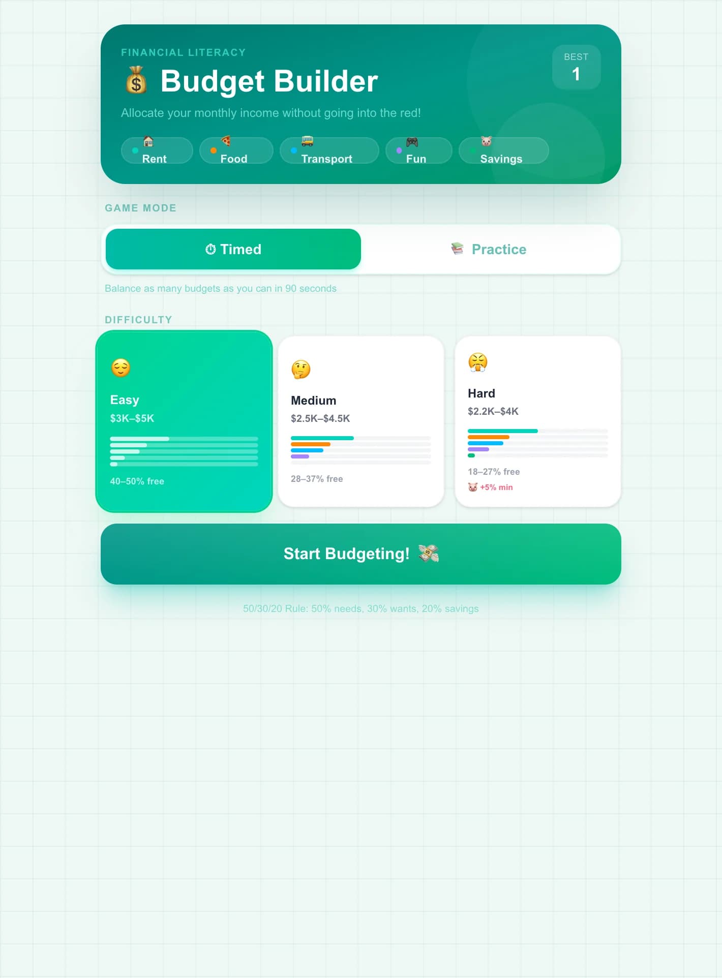Budget Builder - Practice real-life budgeting by distributing a monthly paycheck across rent, foo