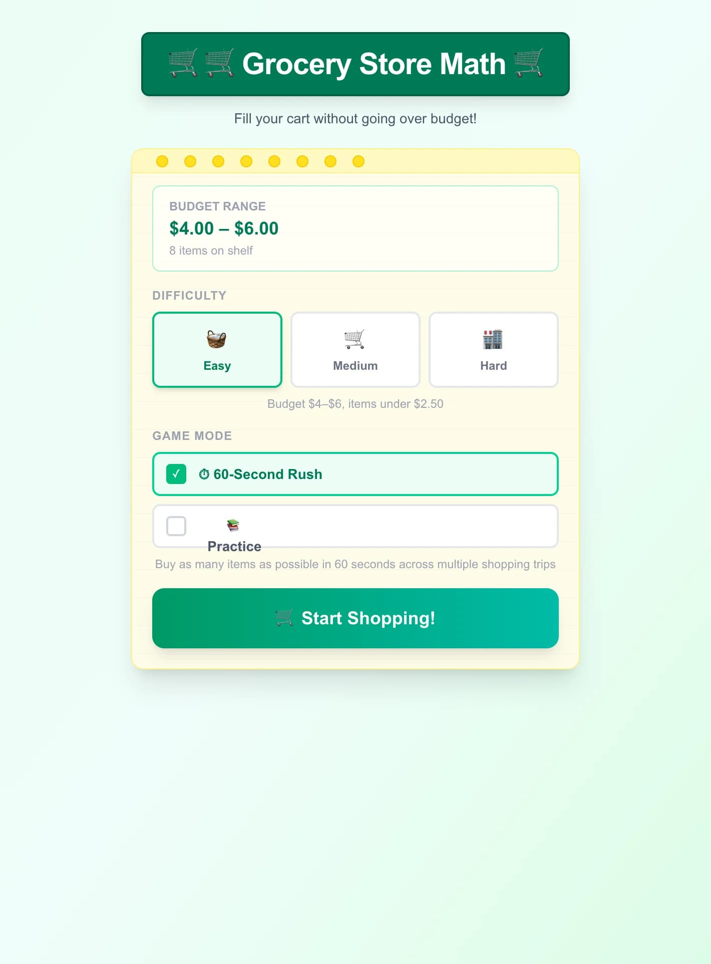 لعبة الرياضيات في المتجر - املأ عربة تسوق بأصناف البقالة دون تجاوز ميزانية محددة. تشجع على الجمع والتقدير و