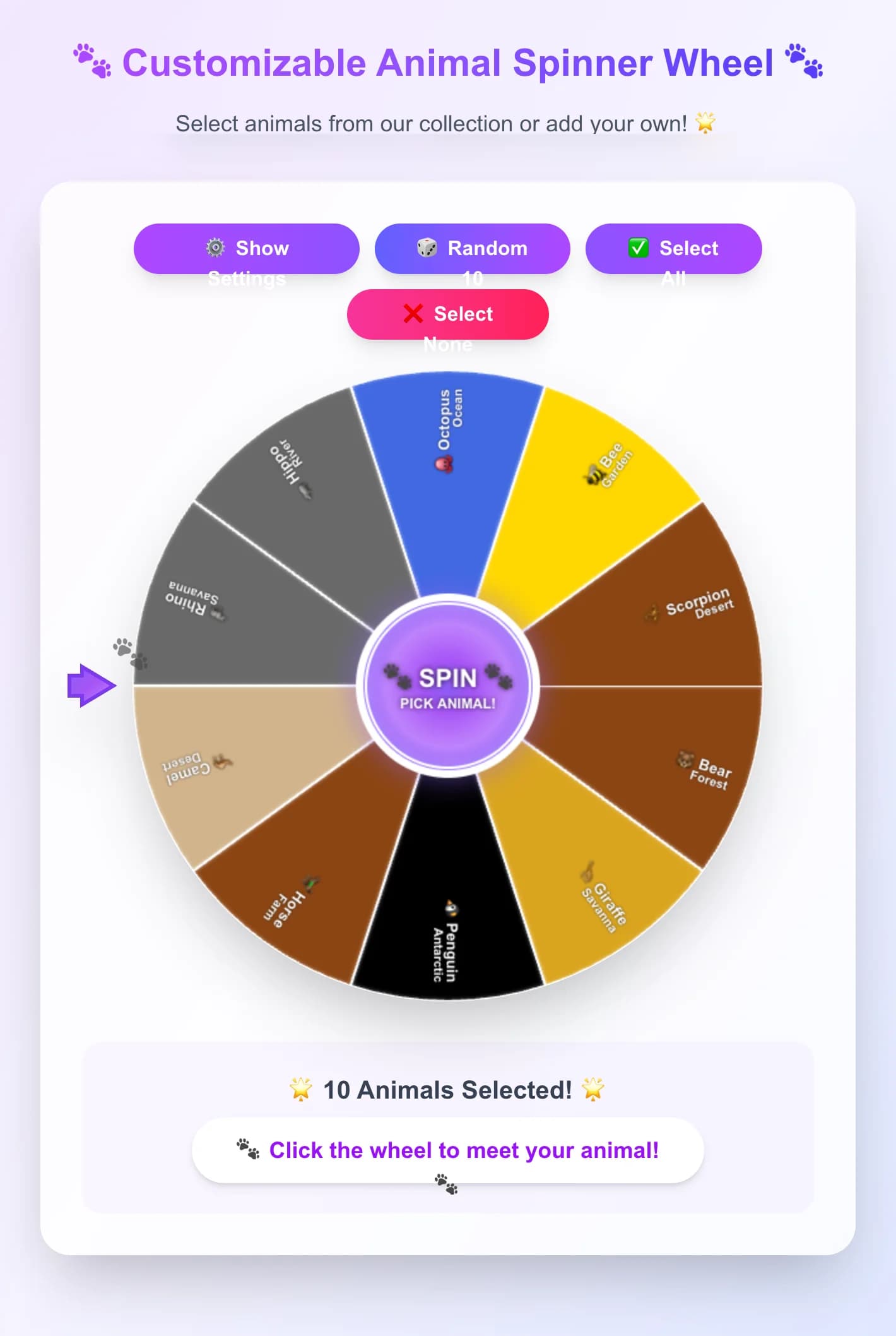 Animal Spinner Wheel - Spin the wheel to discover random animals! Customize your animal collection, add