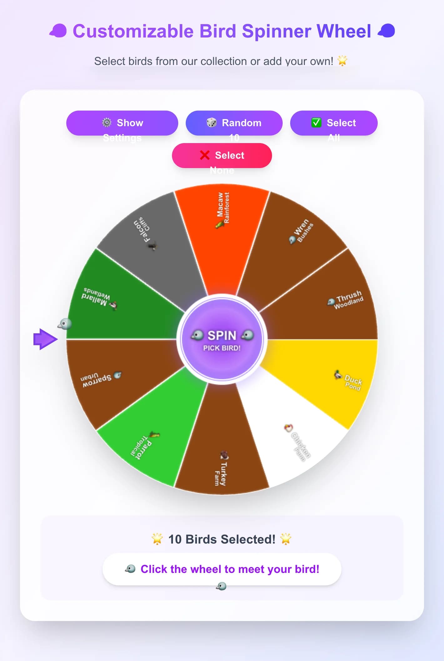 Bird Spinner Wheel - Spin the wheel to discover random birds! Customize your bird collection, add you