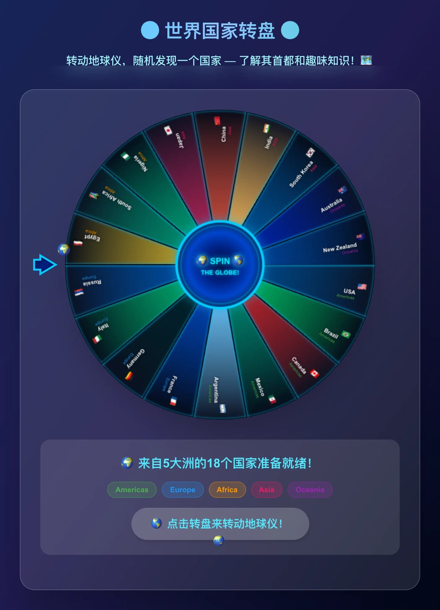 Ruota Seleziona Paesi del Mondo - Gira il globo per atterrare casualmente su uno dei 18 paesi di 5 continenti! Sco