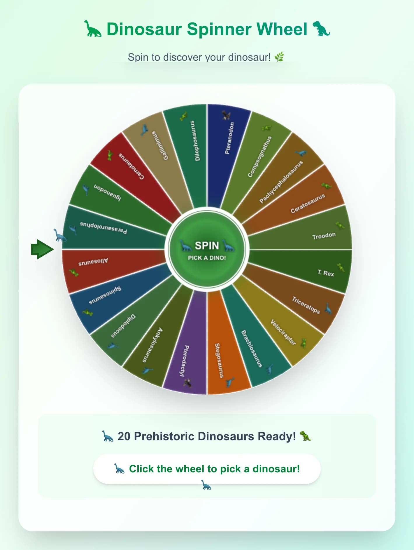 Ruleta giratòria de dinosaures - Gira la roda per descobrir un dinosaure aleatori! Inclou 20 dinosaures prehistòr