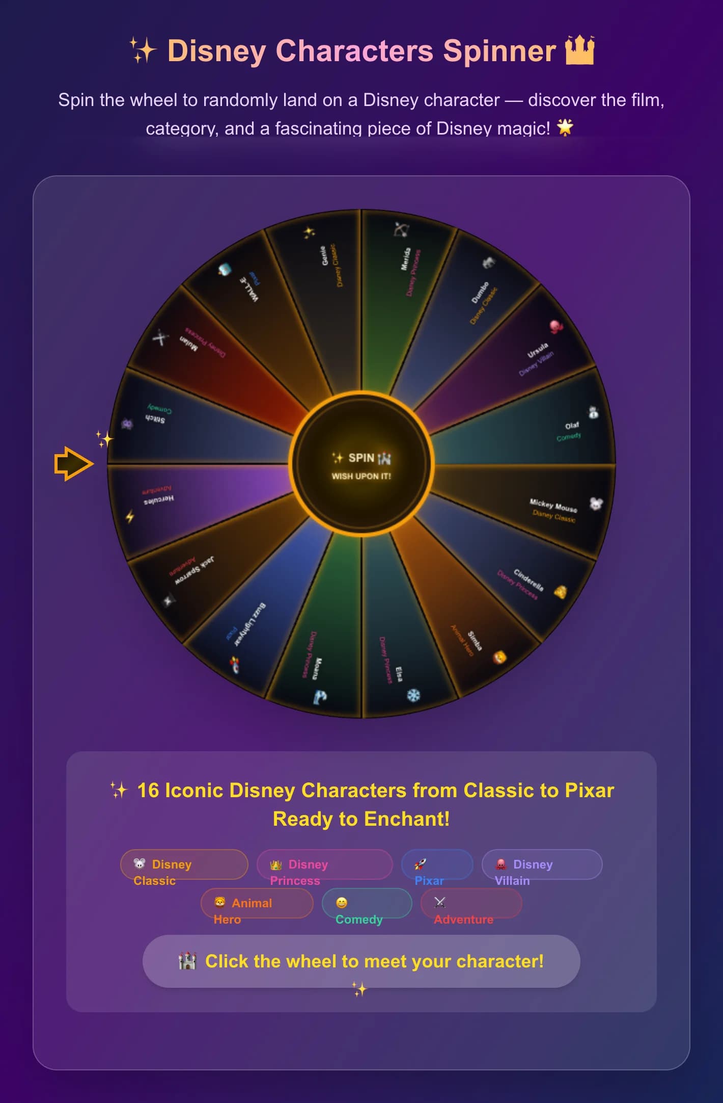 Roda giratòria de personatges de Disney - Gira la roda per aterrar aleatòriament en un de 16 personatges icònics de Disney