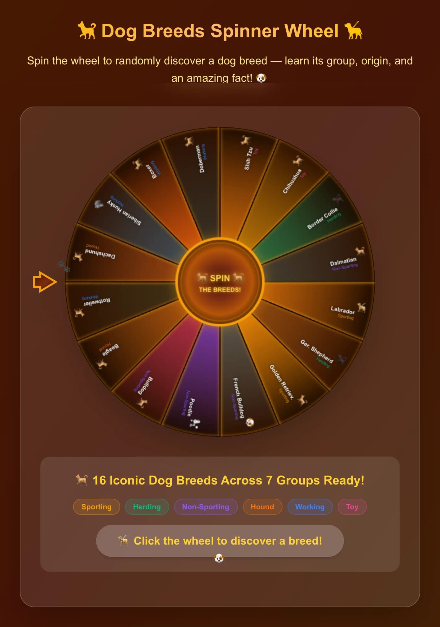 Ruota della Fortuna delle Razze Canine - Gira la ruota per atterrare casualmente su una delle 16 razze canine iconiche! S