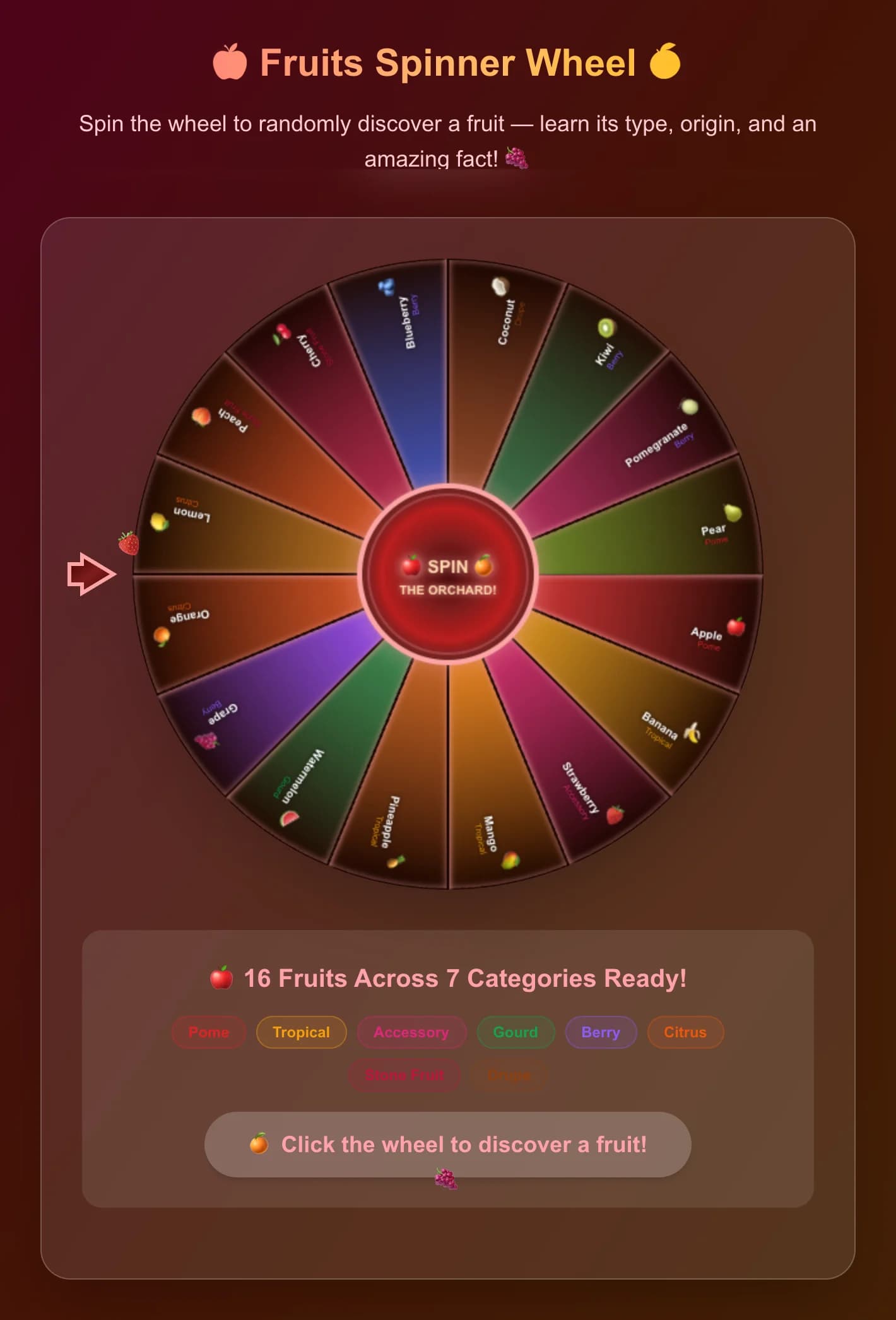 Ruota Gira Frutta - Gira la ruota per scegliere casualmente uno tra 16 frutti popolari! Scopri il lo