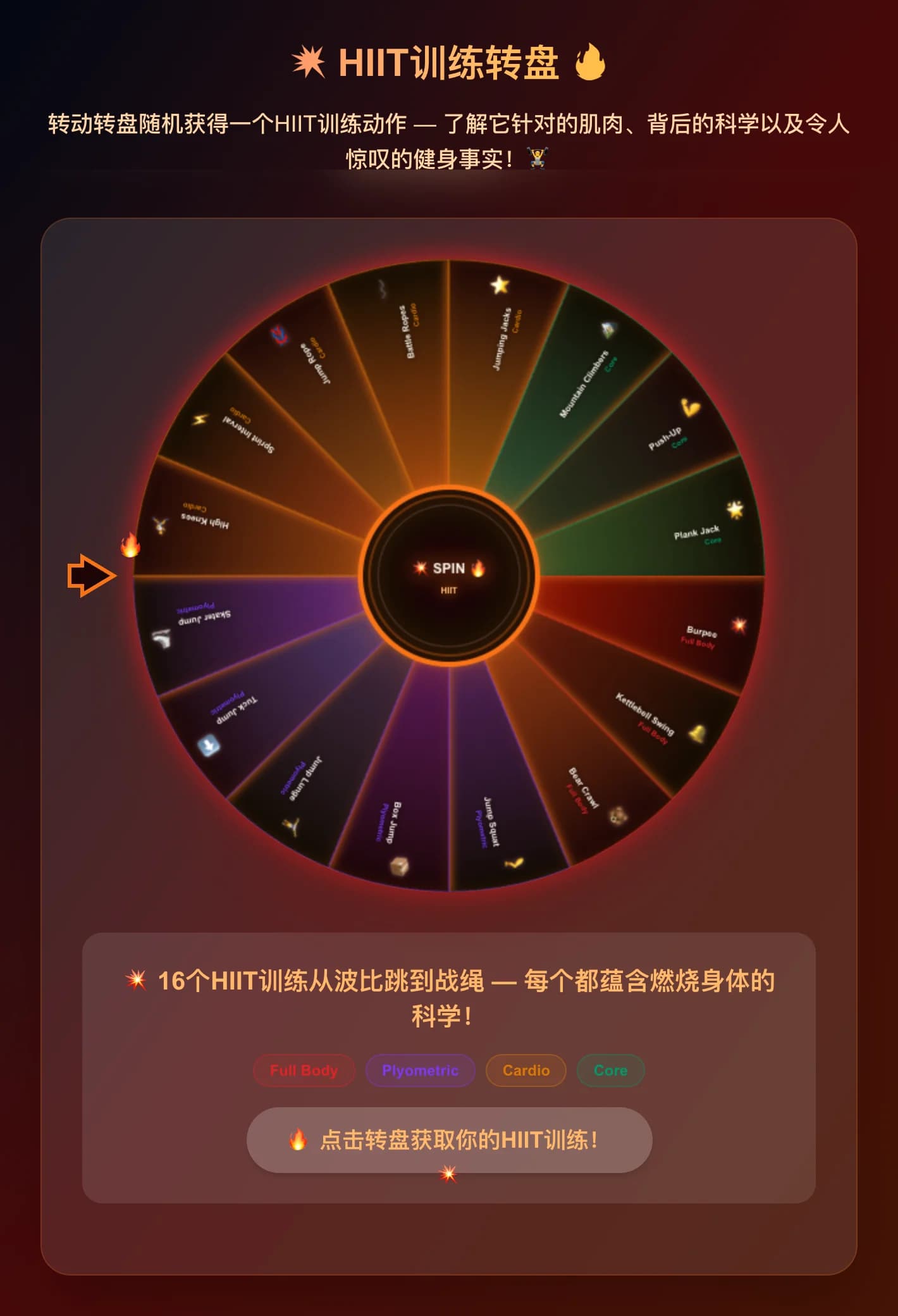 Ruota del gioco HIIT - Gira la ruota per atterrare casualmente su uno dei 16 esercizi HIIT - dai Burpee