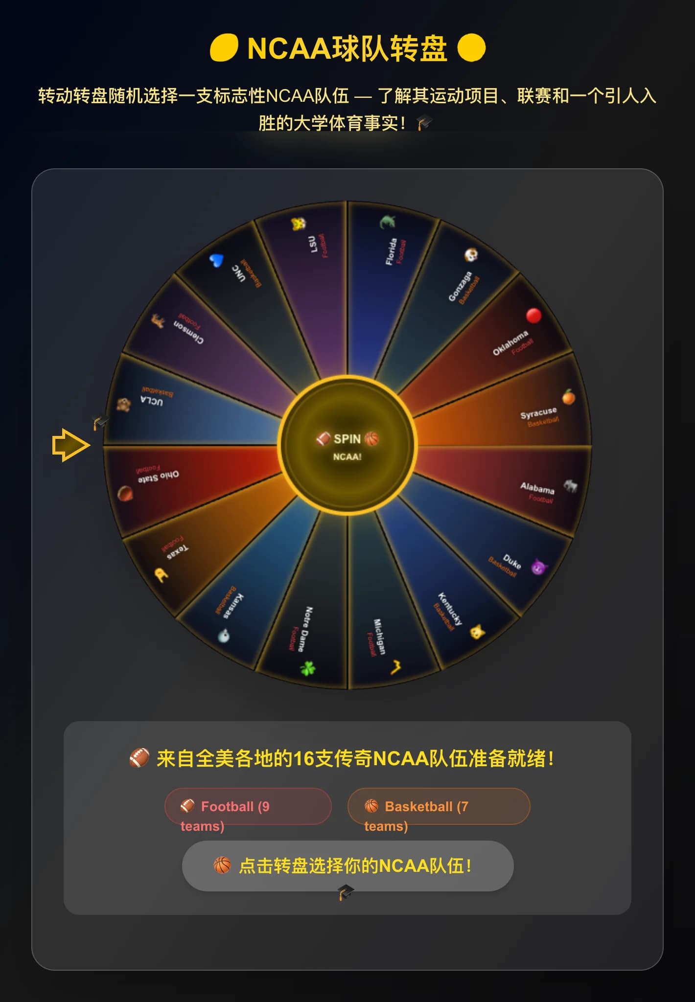 NCAA Teams Spinner Wheel - Spin the wheel to randomly land on one of 16 iconic NCAA programs! Discover each