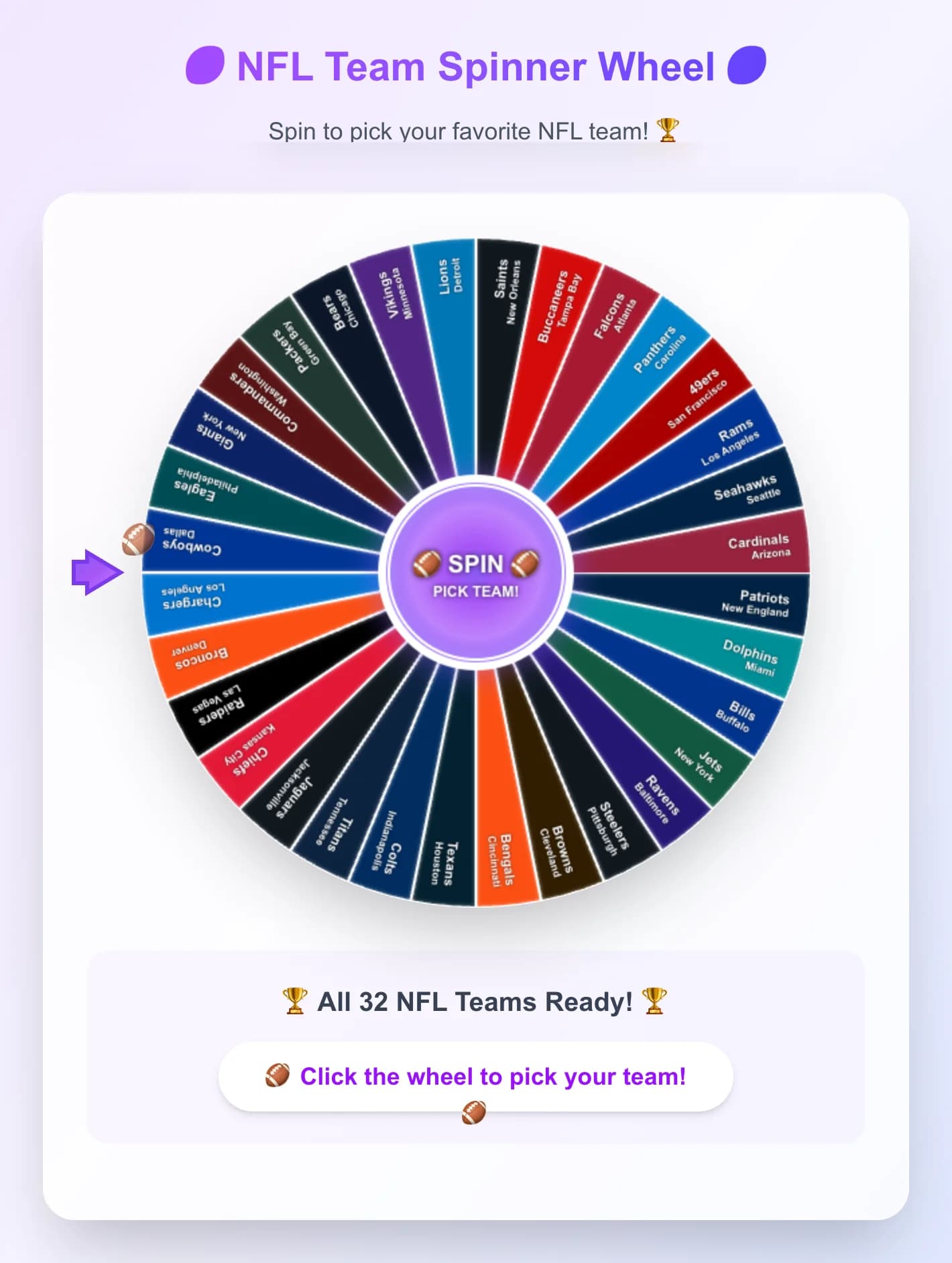 NFL Team Spinner Wheel - Spin the wheel to pick a random NFL team! Features all 32 NFL teams with authent