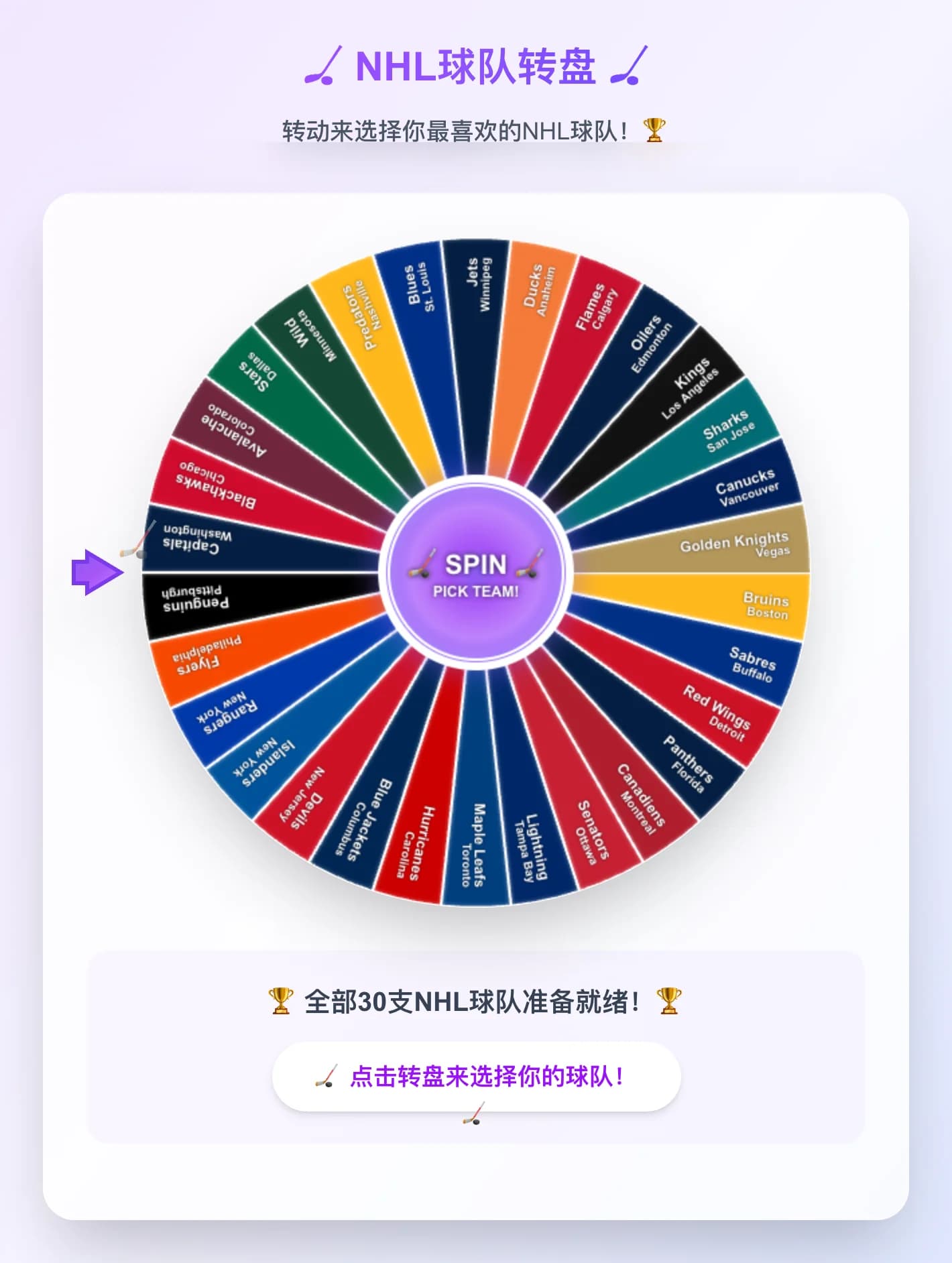 NHL Team Spinner Wheel - Spin the wheel to pick a random NHL team! Features all 30 NHL teams with authent