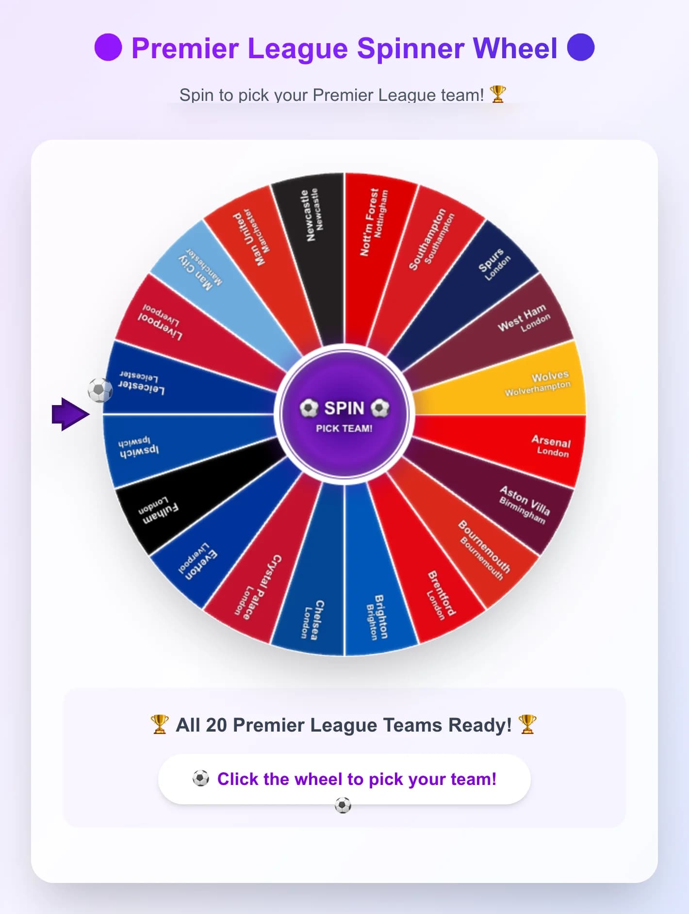 Roda de Girar de la Premier League - Gira la roda per triar un equip aleatori de la Premier League! Inclou els 20 clu