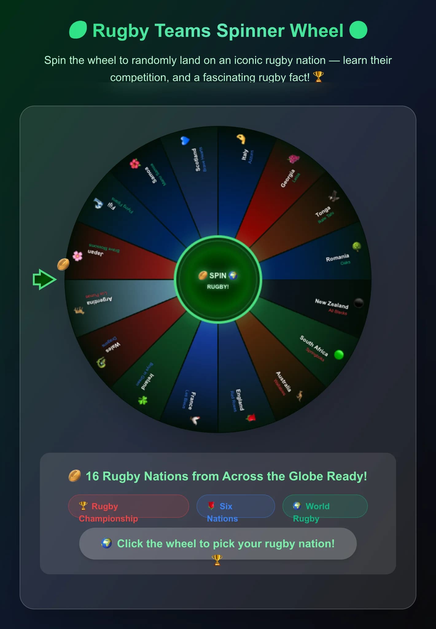 Roda de l'atzar d'equips de rugbi - Fes girar la roda per aterrar aleatòriament en una de les 16 nacions icòniques d