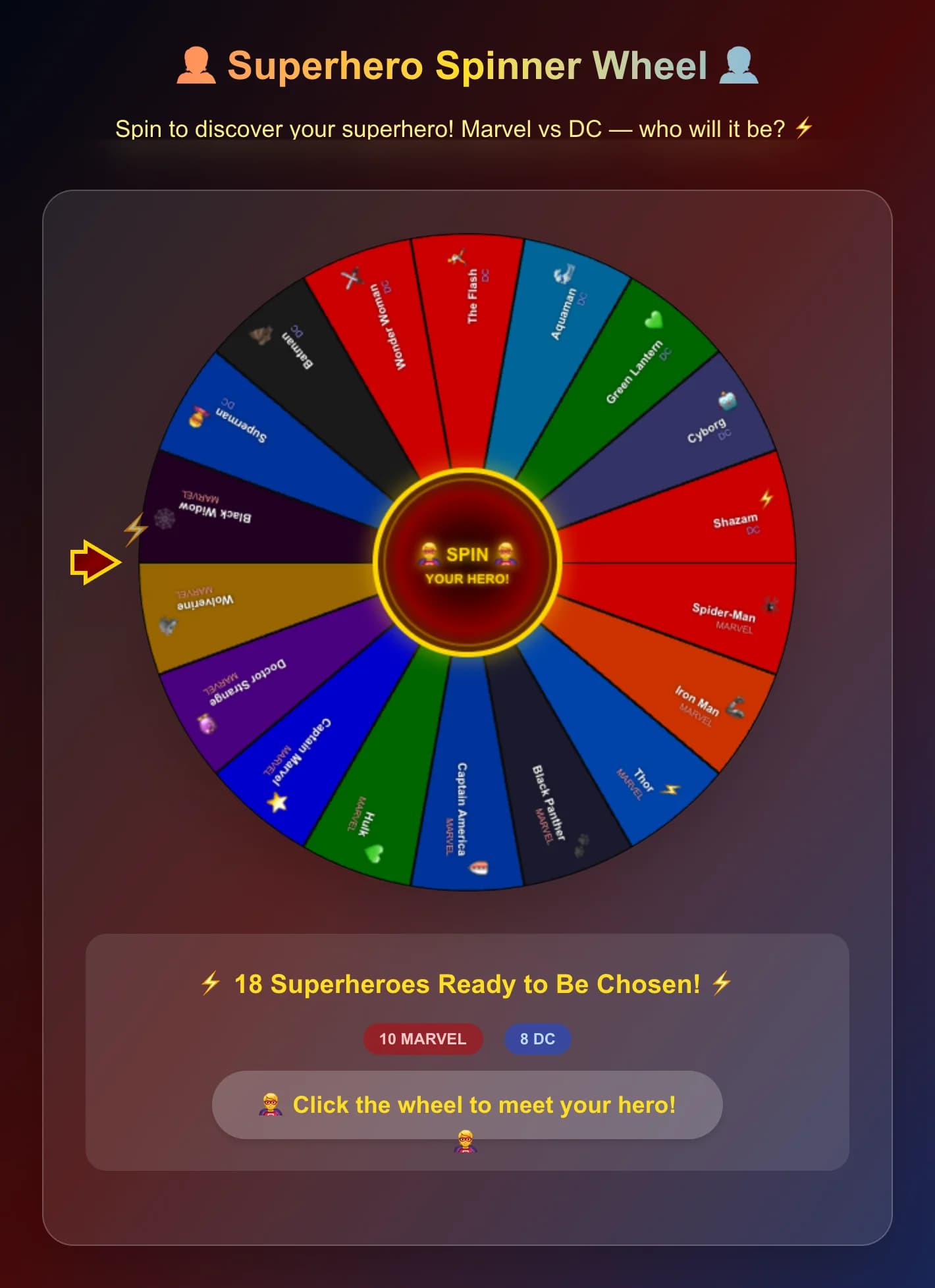 Roda giratòria de Superherois - Gira la roda per aterrar aleatòriament en un de 18 icònics superherois Marvel i 