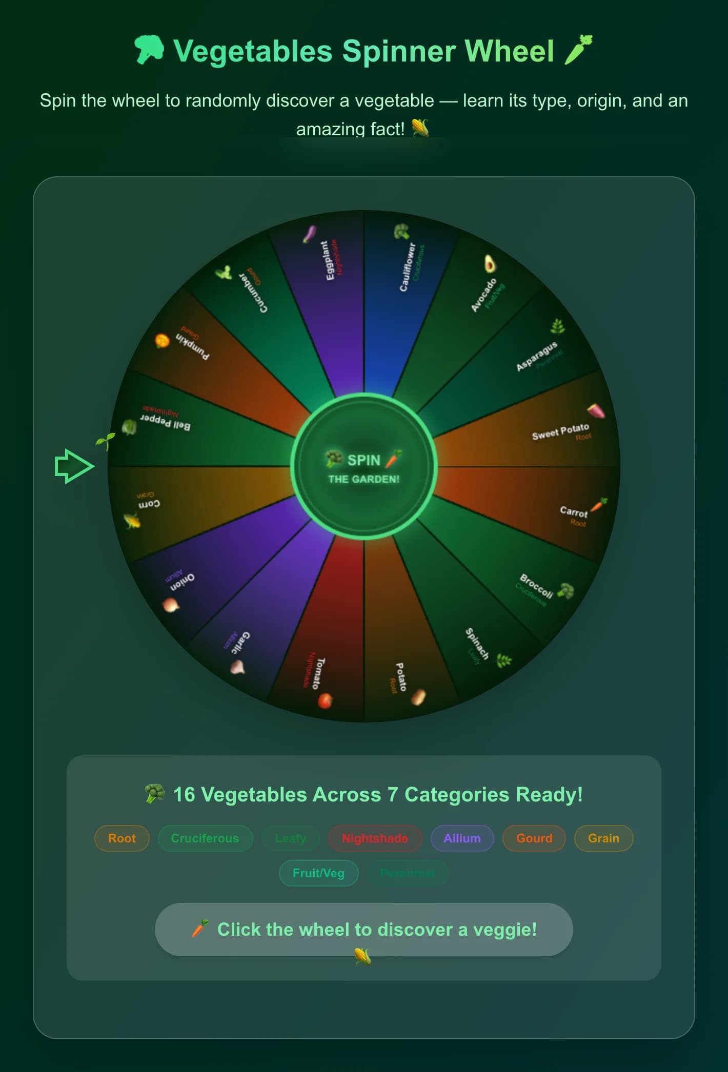Ruleta giratòria de verdures - Gira la ruleta per aterrar aleatòriament en una de les 16 verdures comunes! Desc
