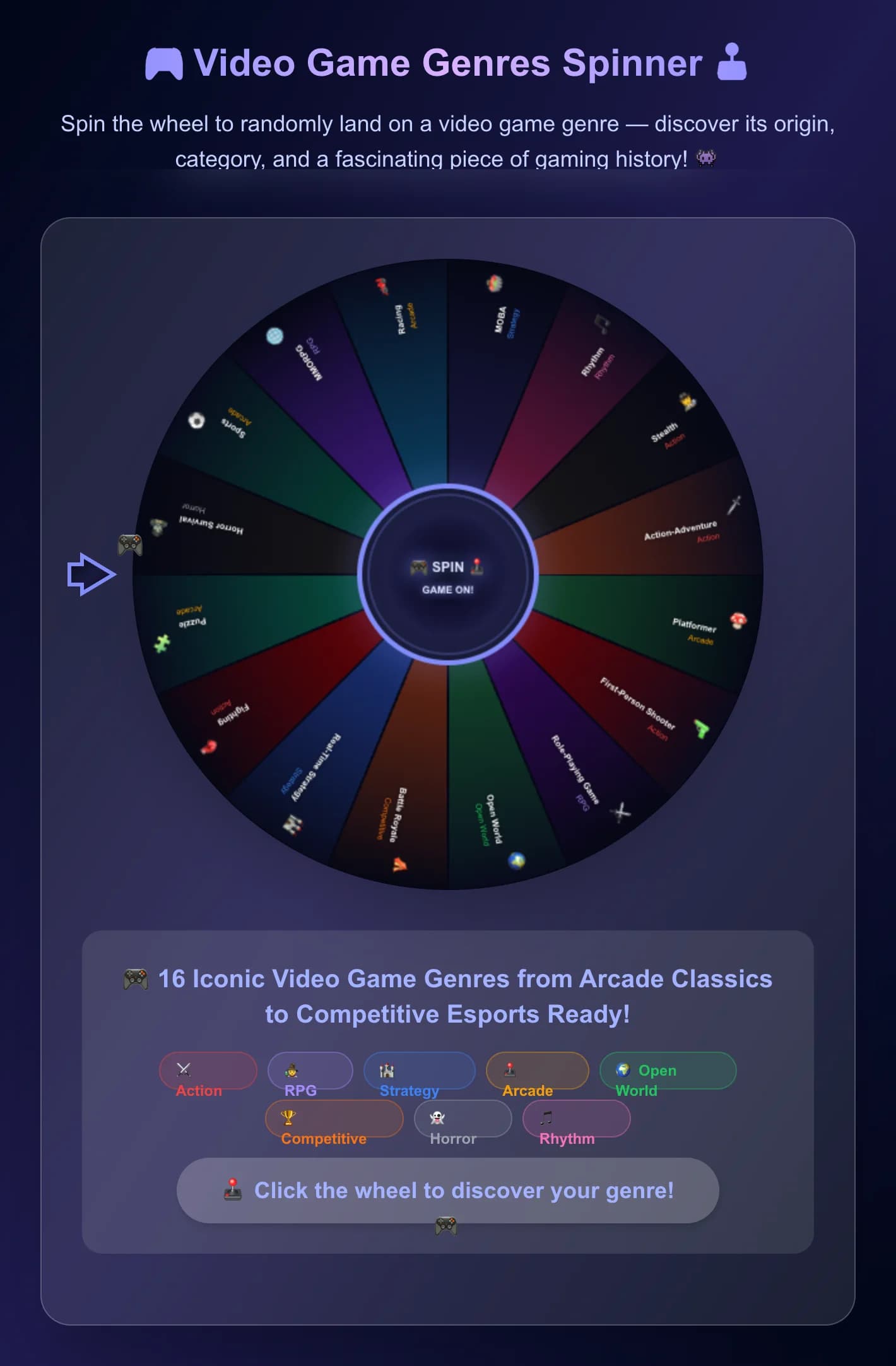 Roda Pusing Genre Permainan Video - Putarkan roda untuk mendapatkan salah satu daripada 16 genre permainan video iko