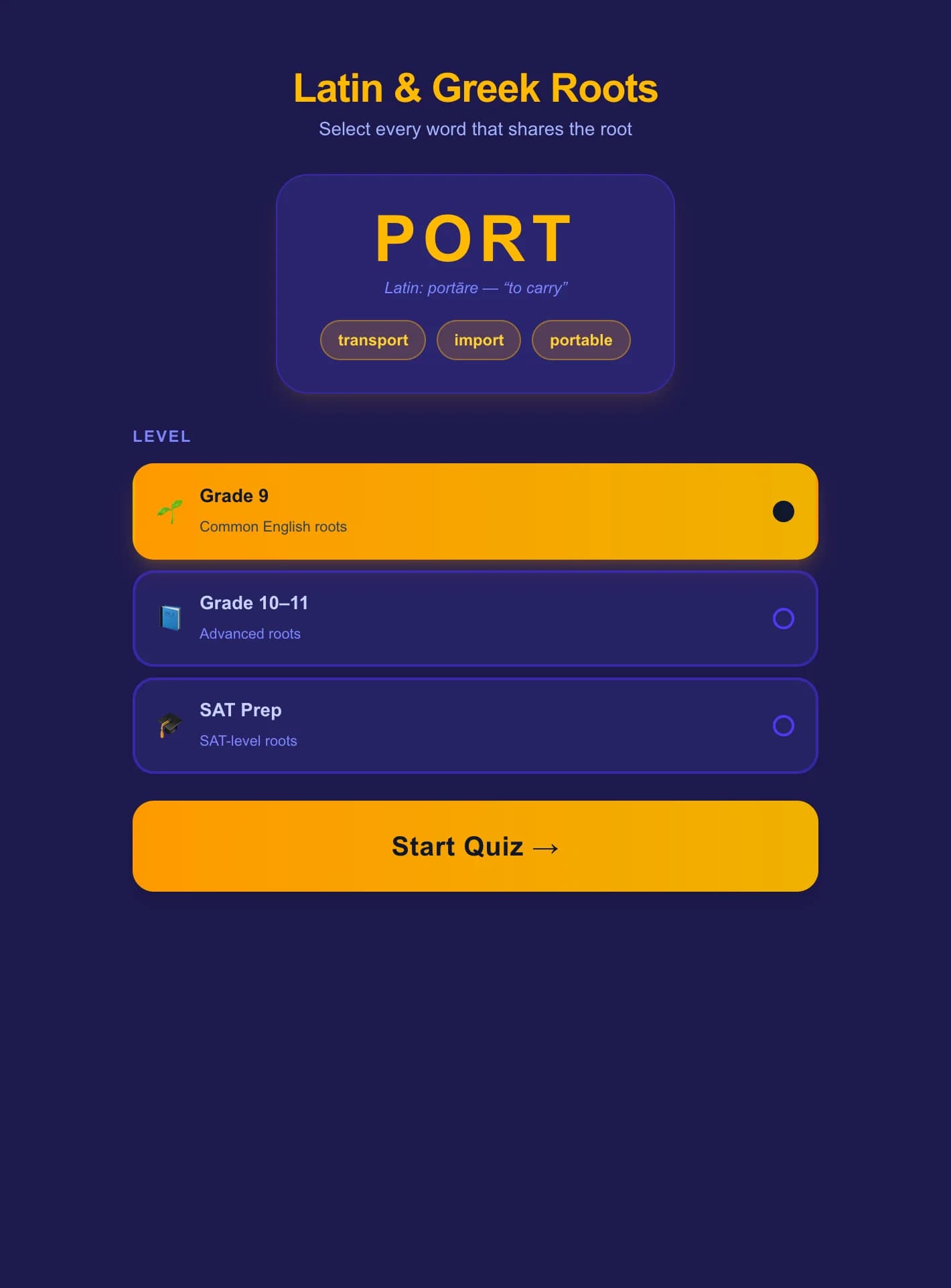 Joc de Vocabulari amb Arrels Llatines i Gregues — Test d'Arrels de Paraules - Donada una arrel llatina o grega (p. ex. port = portar, bio = vida), toca cada p