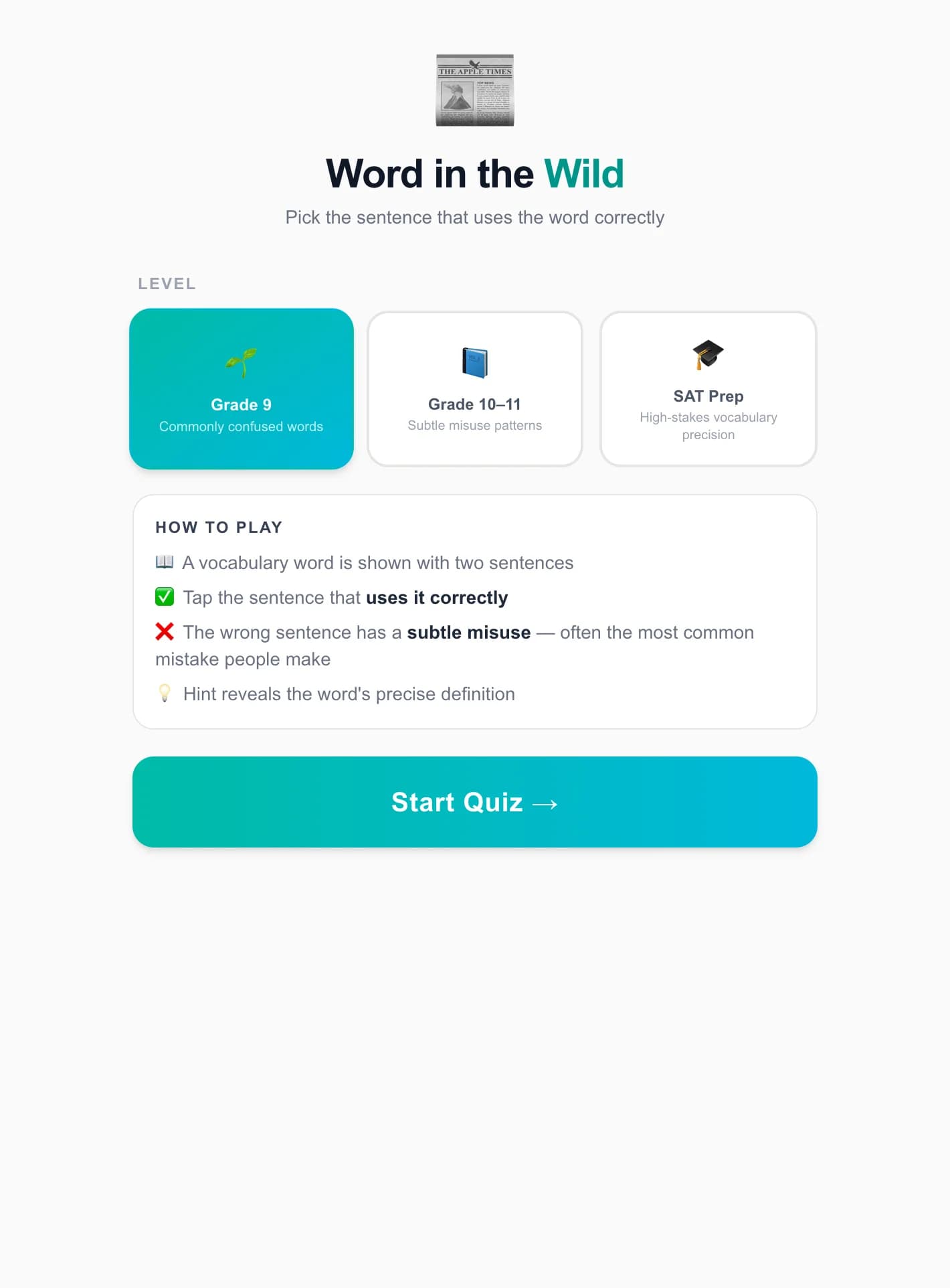 كلمات من واقع الحياة — اختبار استخدام المفردات - تُعرض جملتان — إحداهما تستخدم الكلمة بشكل صحيح، والأخرى لا. اضغط على الجملة الصح
