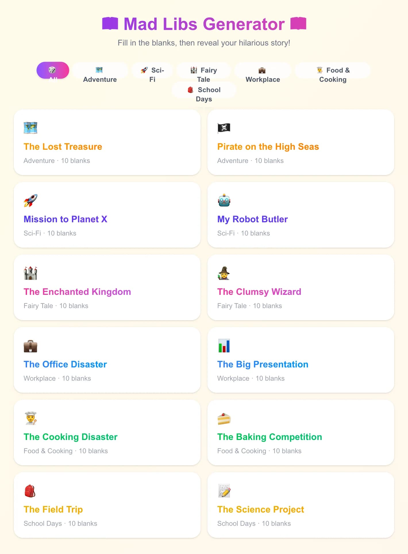 เครื่องมือสร้าง Mad Libs - เติมคำในช่องว่างด้วยคำนาม คำกริยา คำคุณศัพท์ และอื่นๆ เพื่อสร้างเรื่องราวที่คาดเ