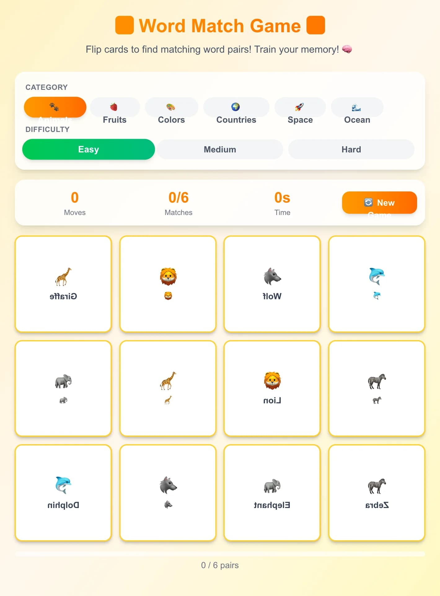 Joc de Concordança de Paraules - Gira targetes per trobar parelles de paraules i emojis coincidents! Trieu entre 