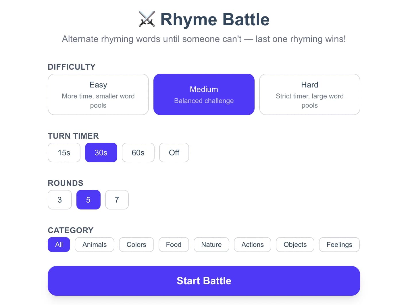 Rhyme Battle - Challenge the CPU in a fast-paced rhyme battle! Take turns saying words that rhy