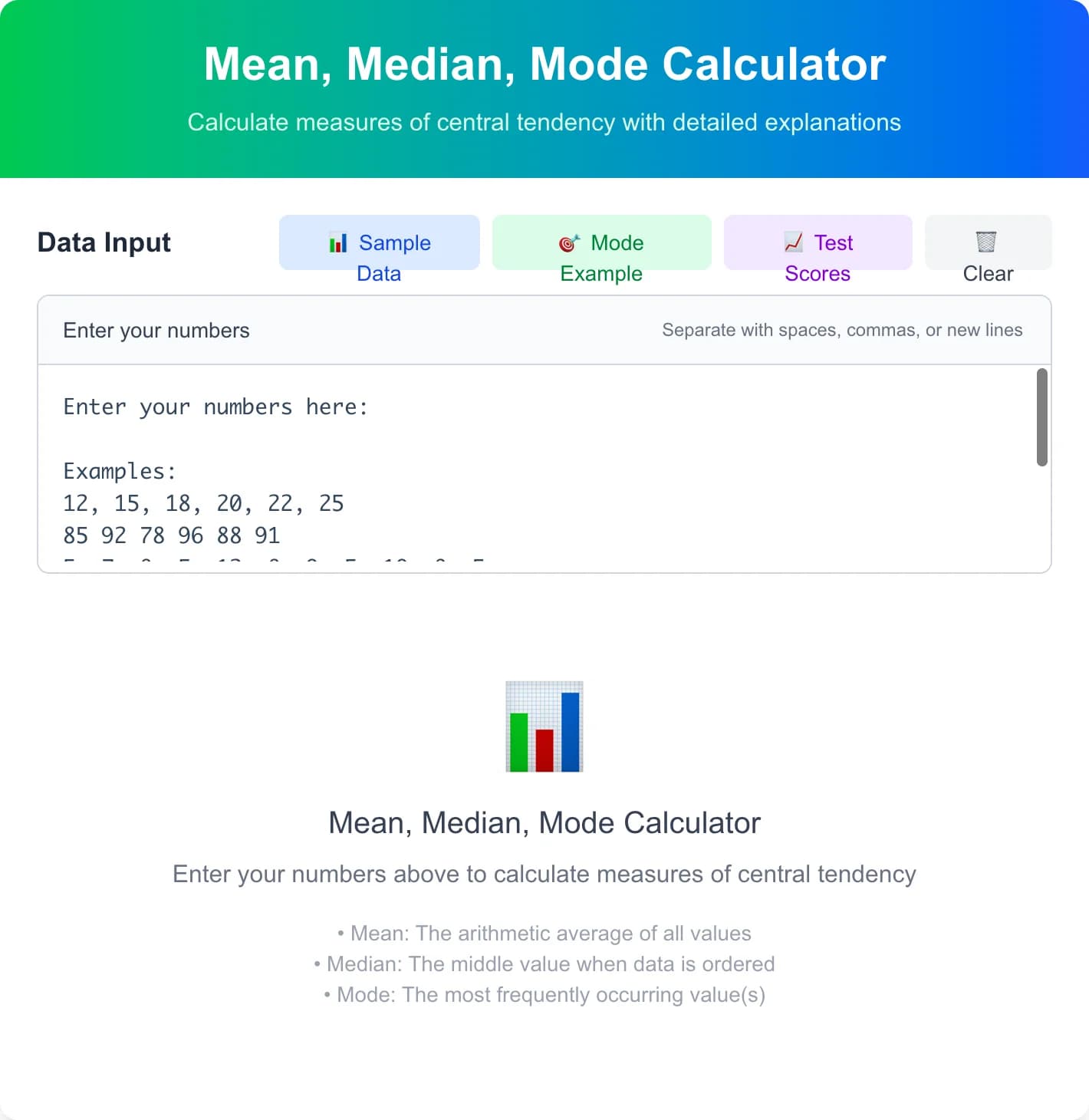 Free Online Mean Median Mode Calculator - Calculate mean, median, and mode of any dataset with our free online statistical