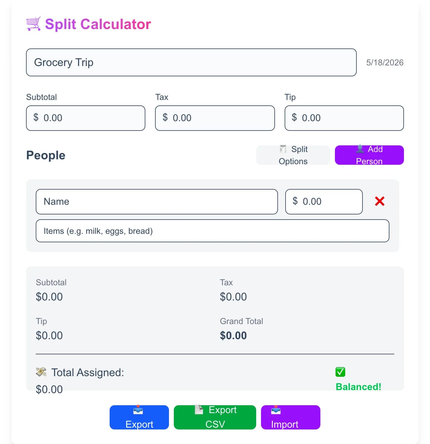 Free Grocery Bill Split Calculator - Easily split grocery bills and shopping receipts among friends, roommates, or fa