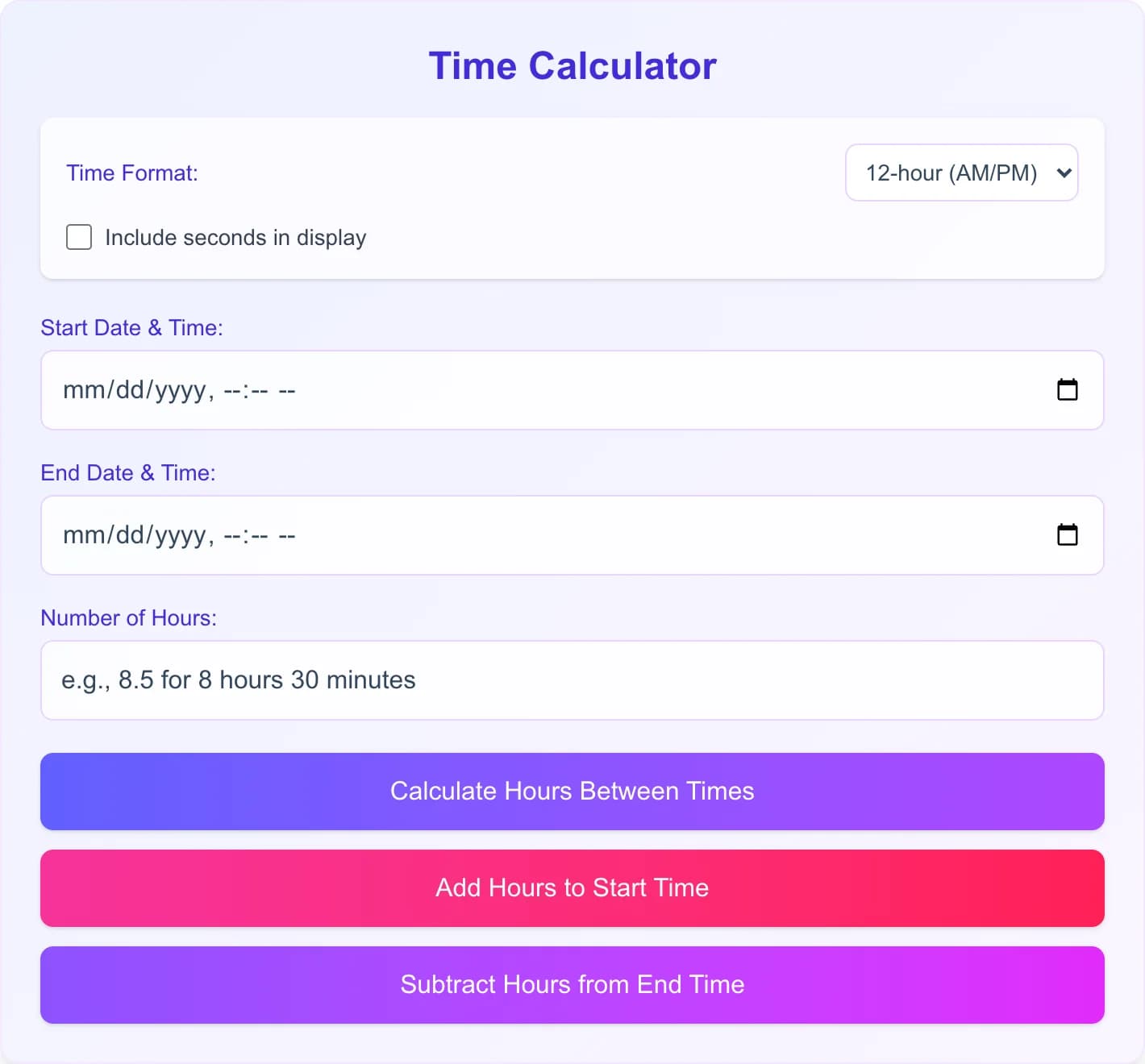 Time Calculator - Calculate hours between two dates, add hours to a start time, or subtract hours