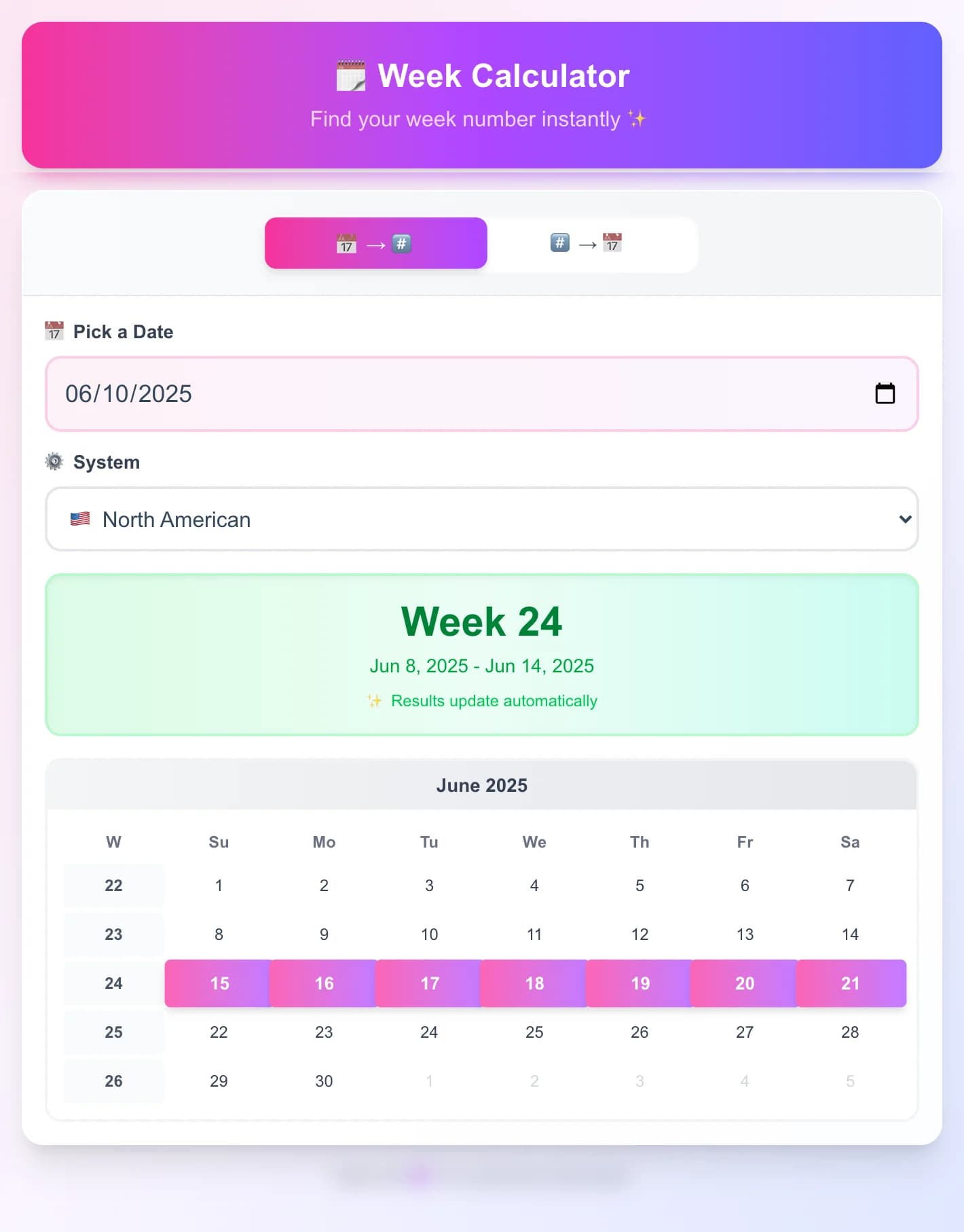 Free Week Number Calculator - Calculate week numbers from dates or find dates from week numbers. Supports both