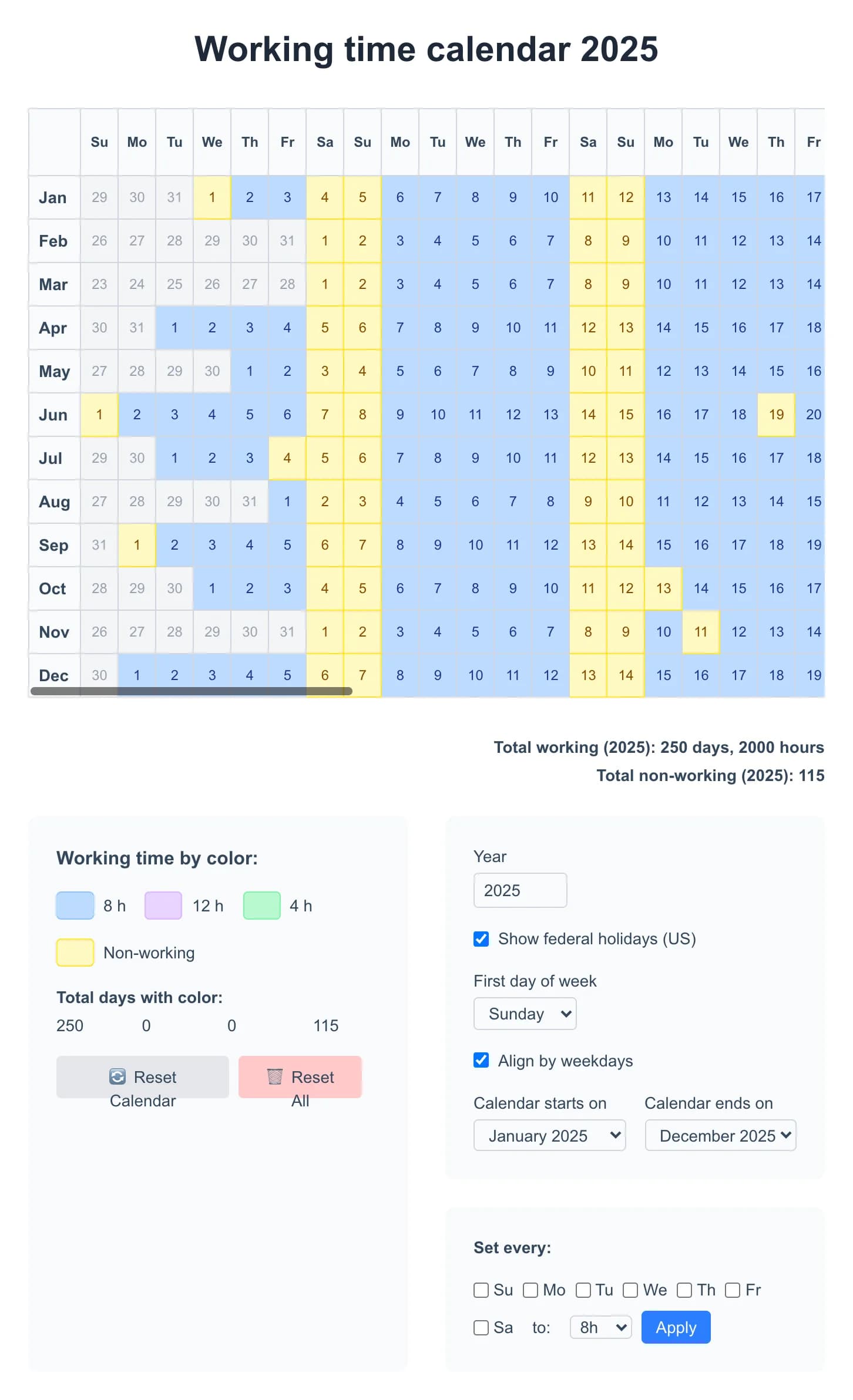Working Days Calculator - Calculate total working days and hours for any year with our comprehensive busin