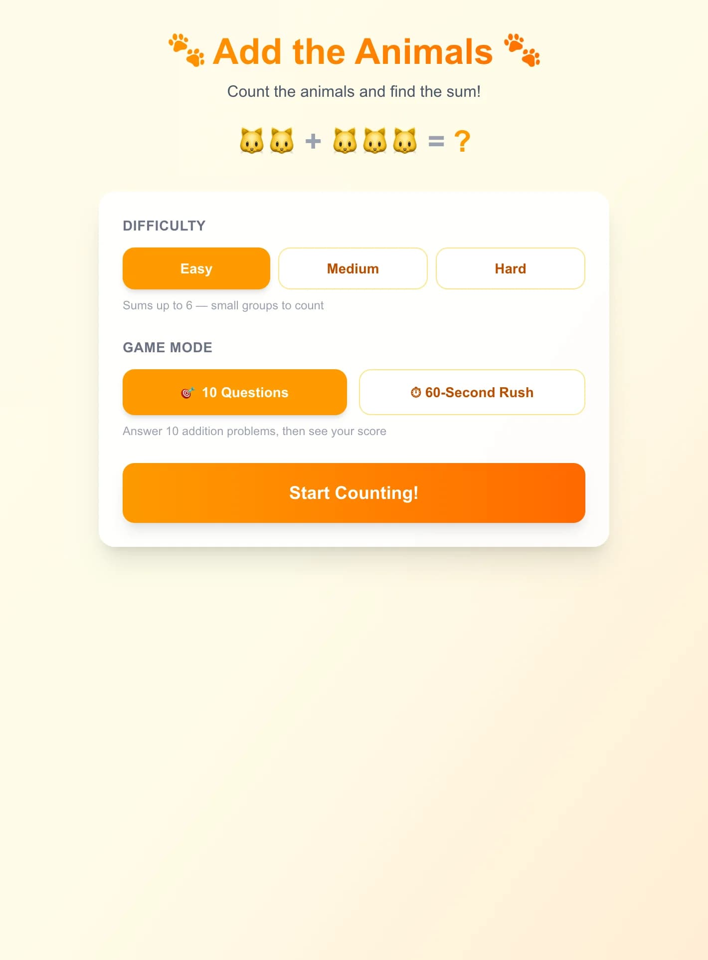 Addition des Animaux - 2 chats + 3 chats = ? Comptez d'adorables emojis d'animaux pour résoudre des pro