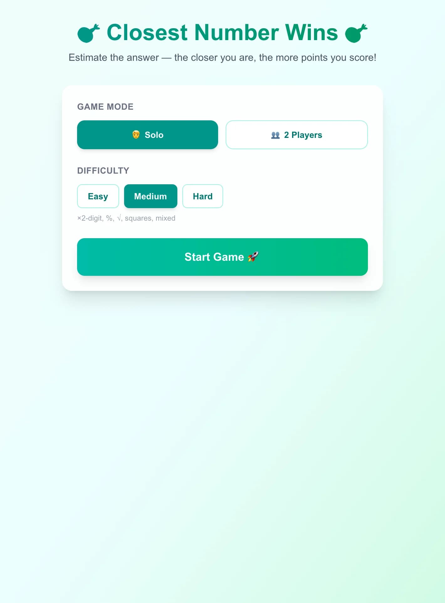 Closest Number Wins - Estimate the result of a math expression. The player with the closest guess scor