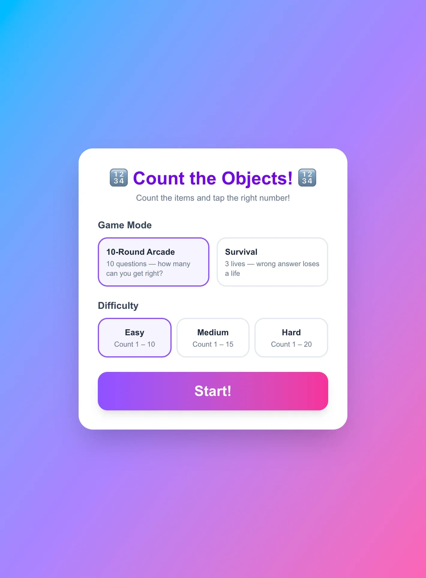 Count the Objects - A colorful counting game where you count cartoon emoji items and tap the right n